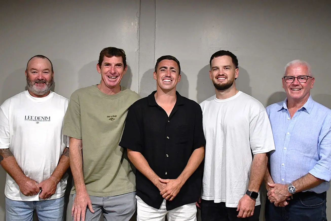 John Crisp (Reserve Grade coach), Brent Wood (Under 18s coach), Sam Dwyer (First Grade coach), Jim Clyburn (League Tag coach) and president Tony Dwyer at the Parkes Spacemen season launch. PHOTO: Jenny Kingham