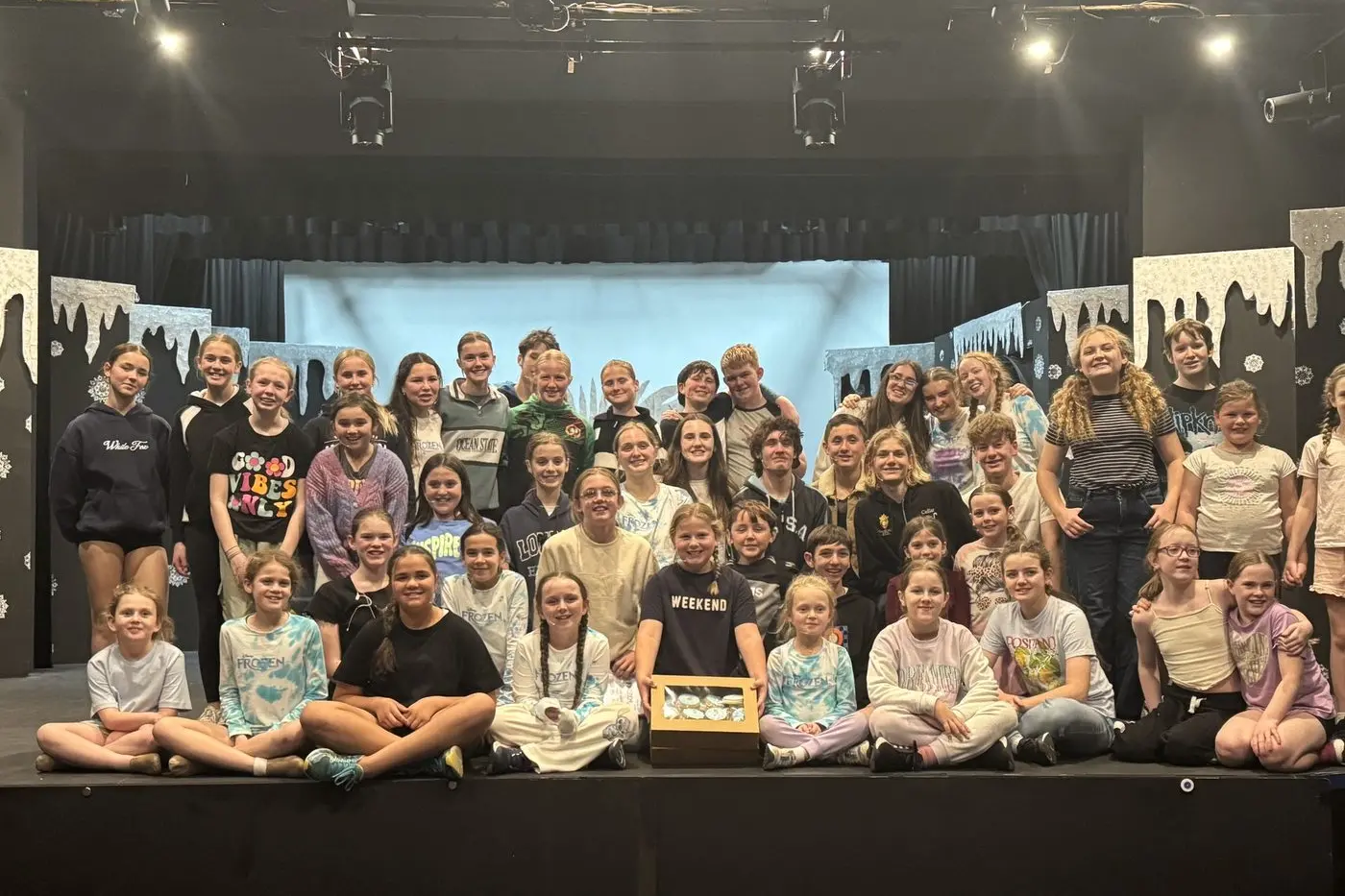 All 45 Frozen Junior cast members with special Frozen cookies made by cast member Molly. PHOTO: Parkes Musical and Dramatic Society