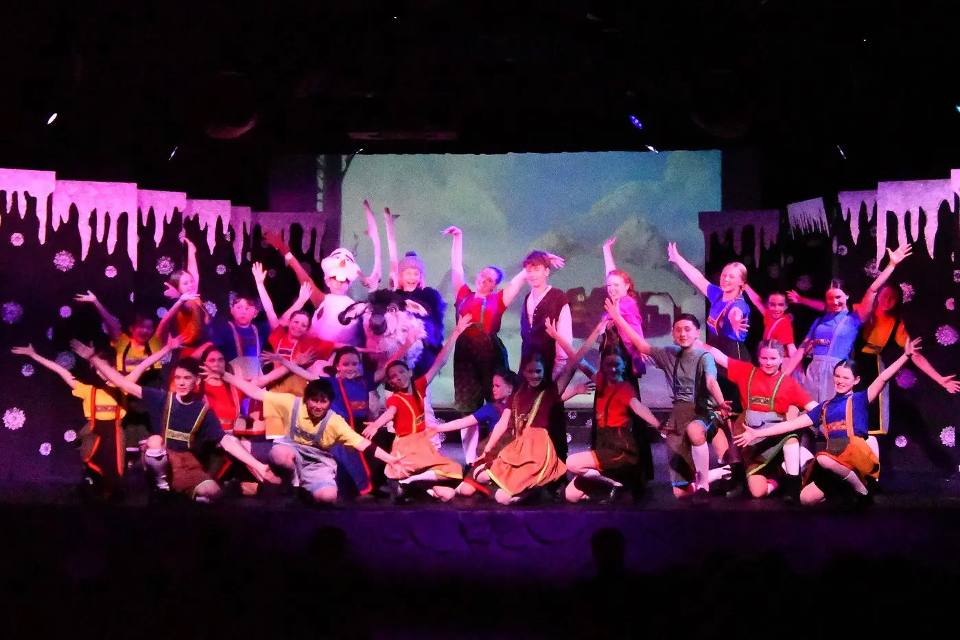 Olaf, Sven, Kristoff and Anna with the chorus. PHOTOS: Jenny Kingham