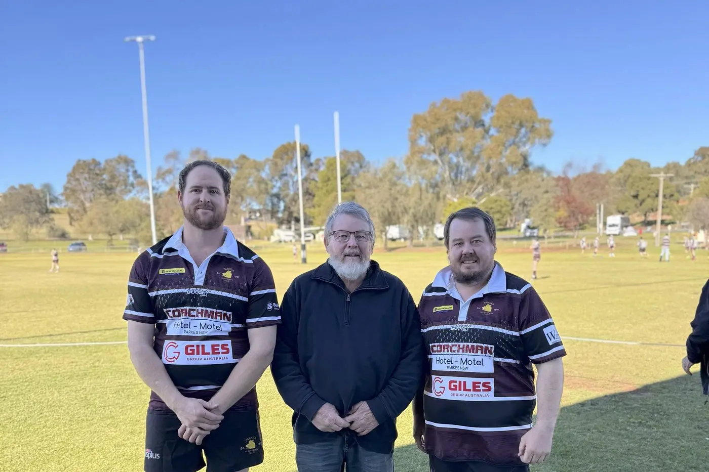 Toby Baigent played his 250th senior game for the Parkes Boars on Saturday and Rory Nock (right) his 300th, both are pictured with the club\\'s most capped player Lloyd Nock. PHOTOS: Supplied