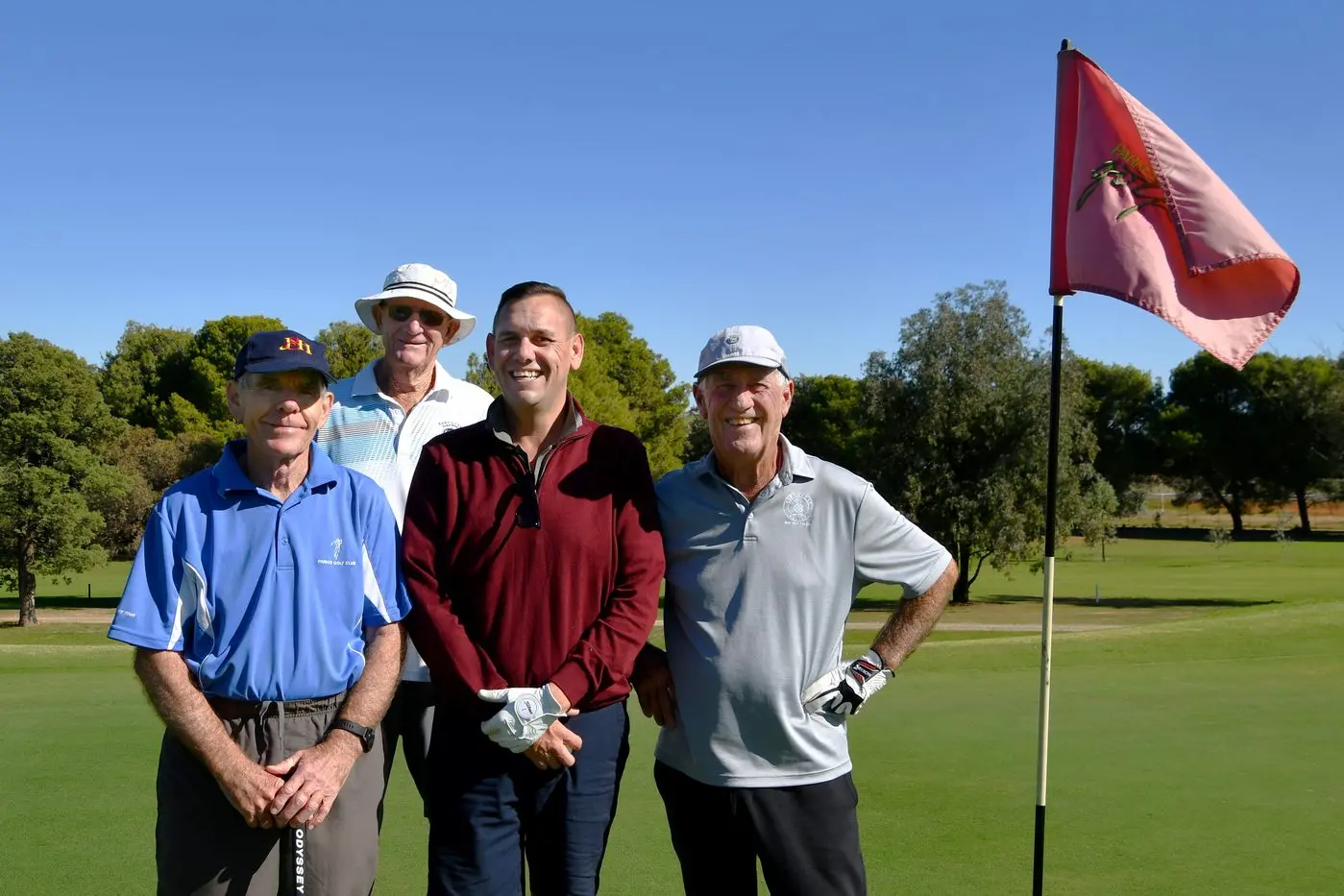 Nim Dzuiba, Dub Rodgers, Ben Smith and Phil Bishop enjoying a hit during the 17 May Prostate Awareness 4 Person Ambrose. PHOTOS: Jenny Kingham