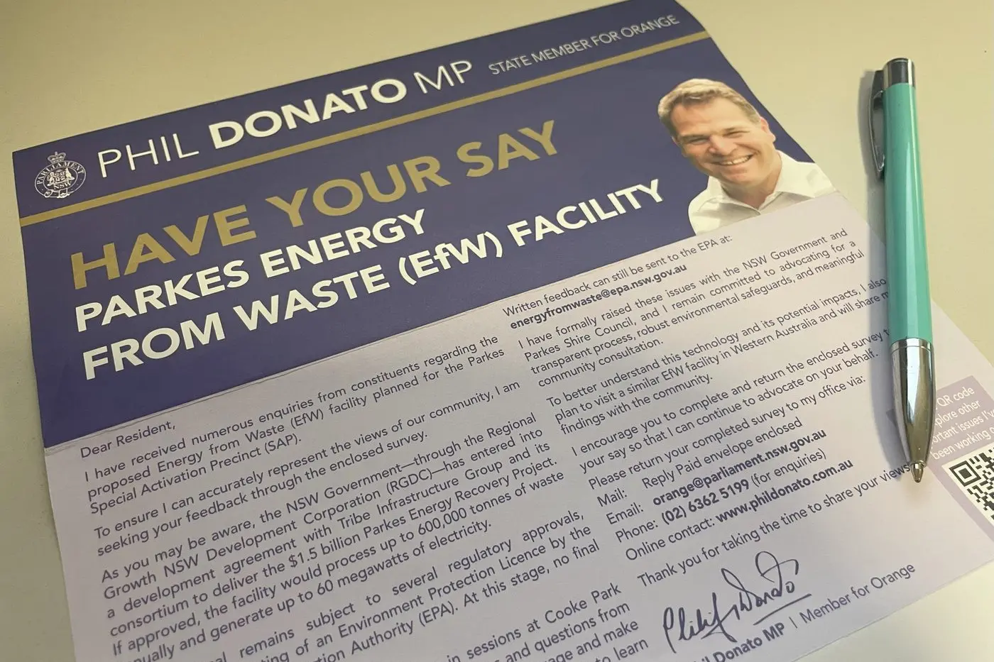 Orange MP Phil Donato has posted an Energy from Waste survey to Parkes households, asking them to share their feedback.