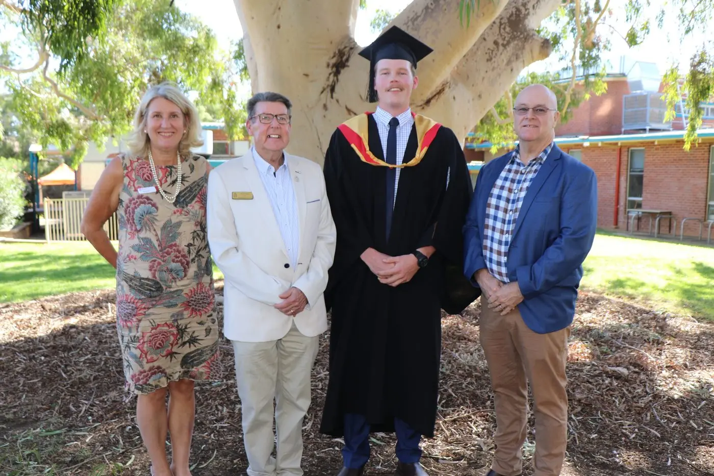 Director of the Charles Sturt Advancement Office and CEO of the Charles Sturt Foundation Trust Sarah Ansell, Rod Cooper from Wagga Wagga RSL Sub Branch, Lachlan Curr, and Ron Batcheldor (Wagga Sub Branch). PHOTO: Supplied