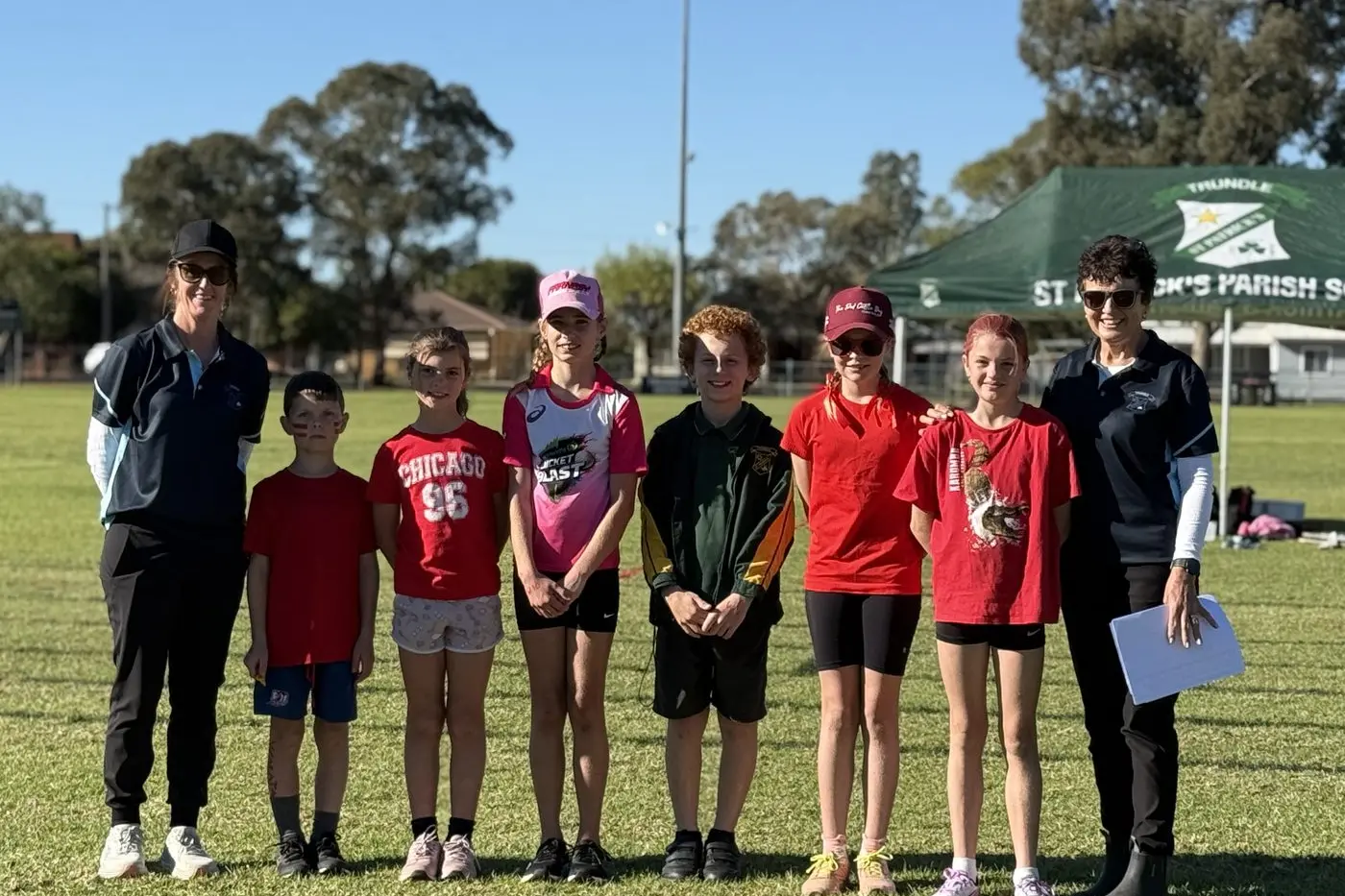 Principal Mrs Jude Ryan with champions Scott Stephenson, Bianca Stephenson, Alexis Gaut, Kaleb Stephenson, Abby Quade, Tilly Holloway, Mrs Pam Burke. PHOTOS: Supplied