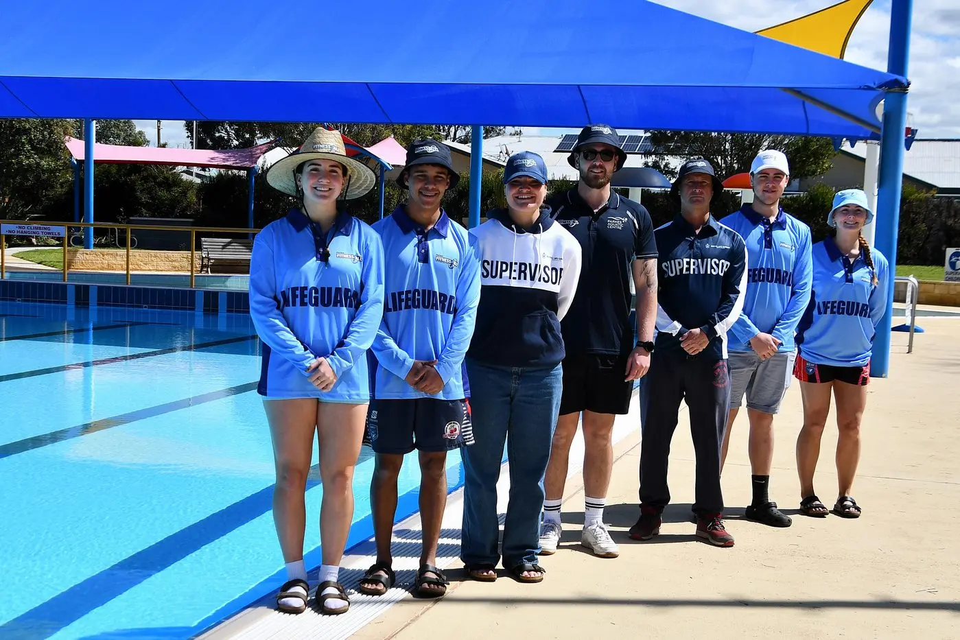 The new team at the Parkes Aquatic Centre Grace Macgregor, Taj Lovett, Abigail Simpson, Zach Byrnes, Geoff Leonard, Jamie Oraha and Joan Carolan are ready to welcome you. PHOTO: Jenny Kingham
