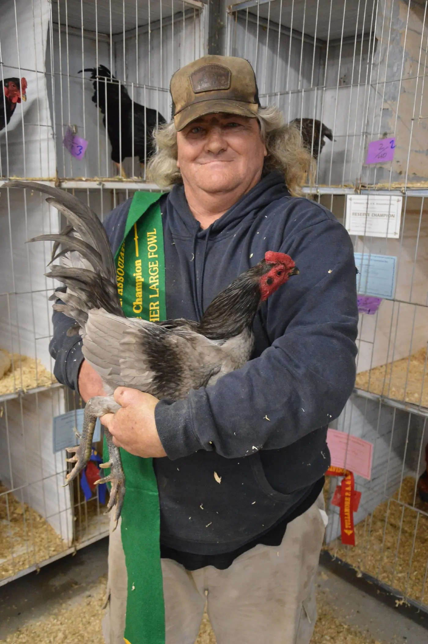 Hank Bray from Forbes and his his Australian Pit Game was awarded reserve champion in the hard feather large fowl category at the 100th Tullamore Show.