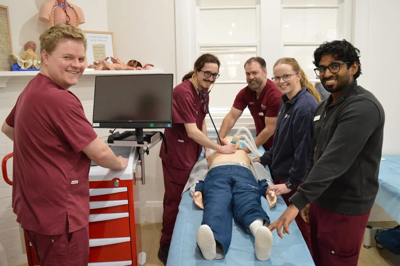 Central West medical students Oscar Ricardo from Walgett, Tom Fryer from Bilpin, John O\\'Brien from Parkes, Jess Skelly from Crookwell and Antez Varghese from Forbes using the simulation lab in their new facility in Currajong Street. PHOTOS: Christine Little