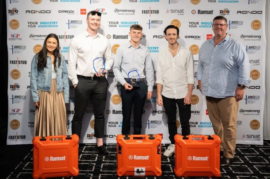 Award sponsor Andrea Luna from Ramset congratulates Apprentice of the Year recipients Behn Swatten (Northern Rivers/New England Region), Bob McEwen (Central West/Riverina Region) and Mathew Byrne (Sydney/South Coast Region), along with AWCINSW president Shane Crocker. PHOTOS: AWCINSW