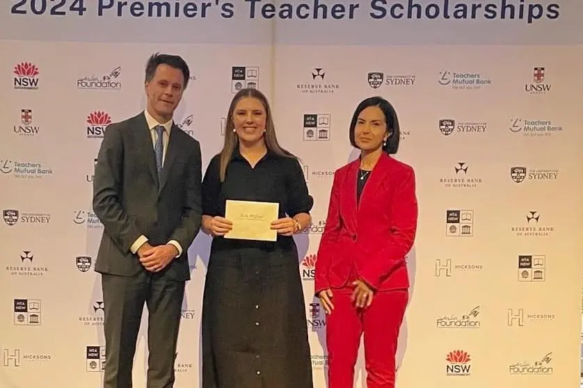 Sally McGrath was presented with her scholarship by the Premier of NSW, The Hon. Chris Minns MP and the Deputy Premier of NSW, The Hon. Prue Car MP.