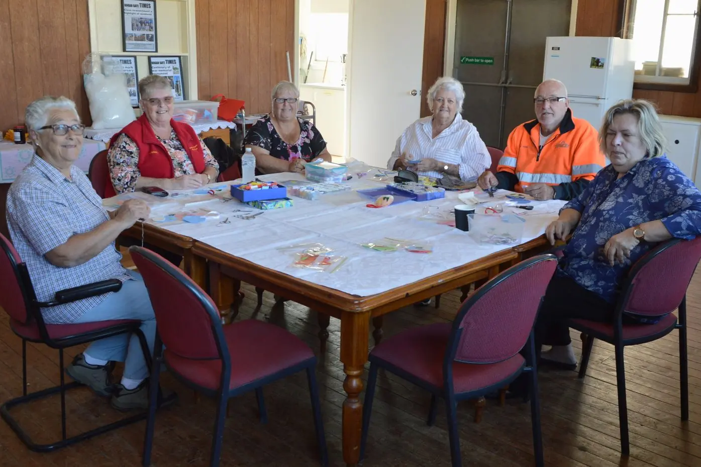 Ros Edwards, Shelley Nutley, Isobel Davis, Lorraine Dunn, Graham Davis and Kate Hardie enjoyed the first Bogan Gate seniors workshop for the year. PHOTO: Madeline Blackstock