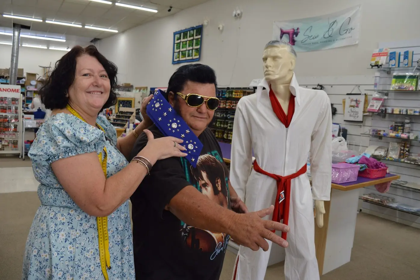 Seamstress Jo-Ann Lenord is making a jumpsuit for Elvis impersonator Brad Cartwright who\\'s been attending the Parkes Elvis Festival for 18 years and moved to Parkes 10 years ago. PHOTO: Christine Little