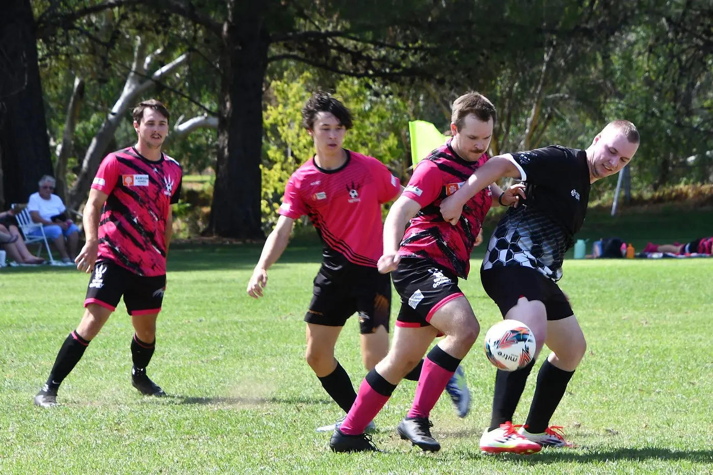 Haiden Clark, Karma Dechen and Joel Cowling in action for the Raptors 2 during the Parkes Sixes Soccer Tournament on the weekend. PHOTOS: Jenny Kingham