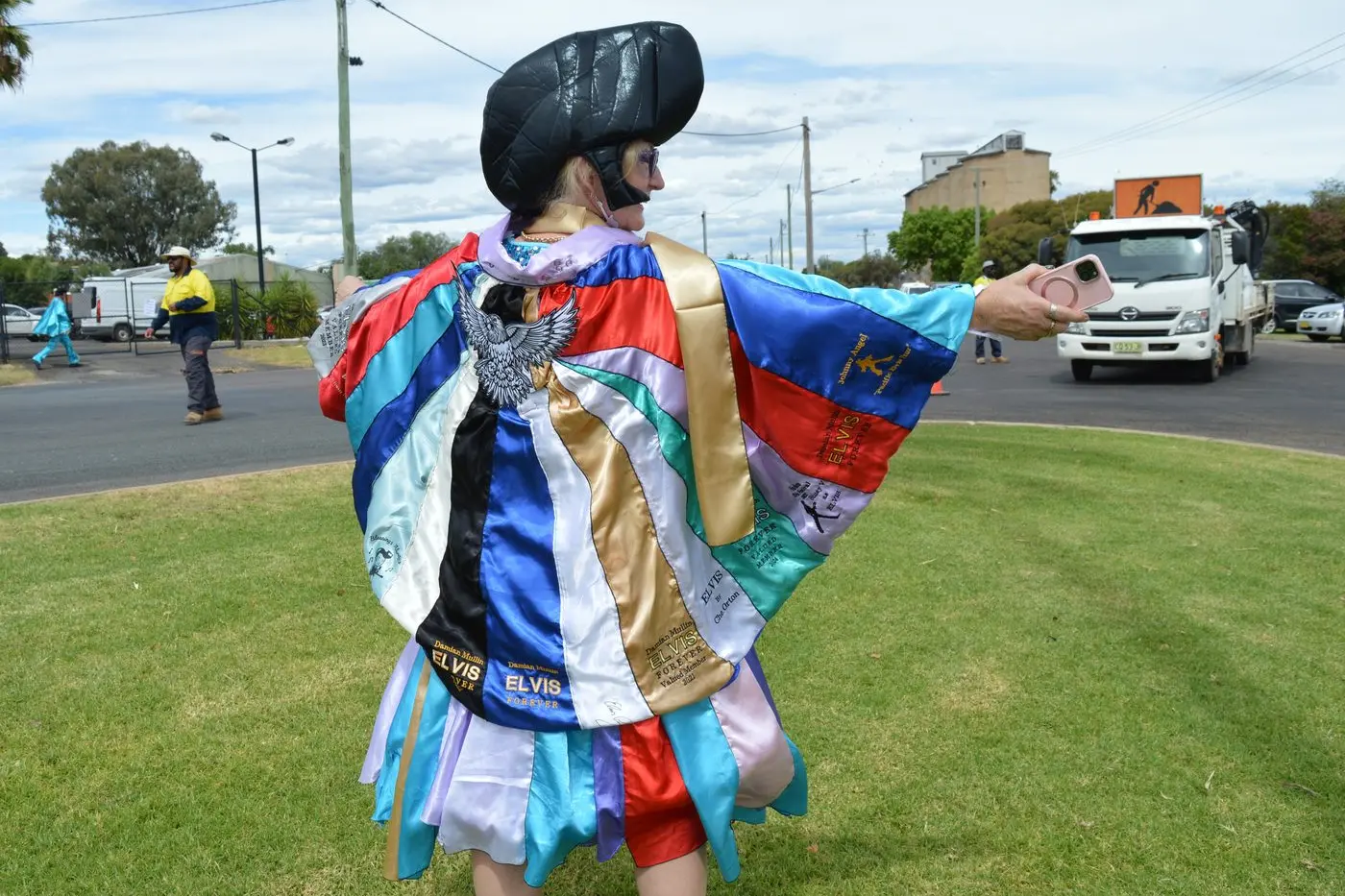 Jenny Dollin from the Blue Mountains innovatively made her costume out of Elvis scarves she\\'s collected over eight years from the Parkes Elvis Festival. PHOTOS: Christine Little