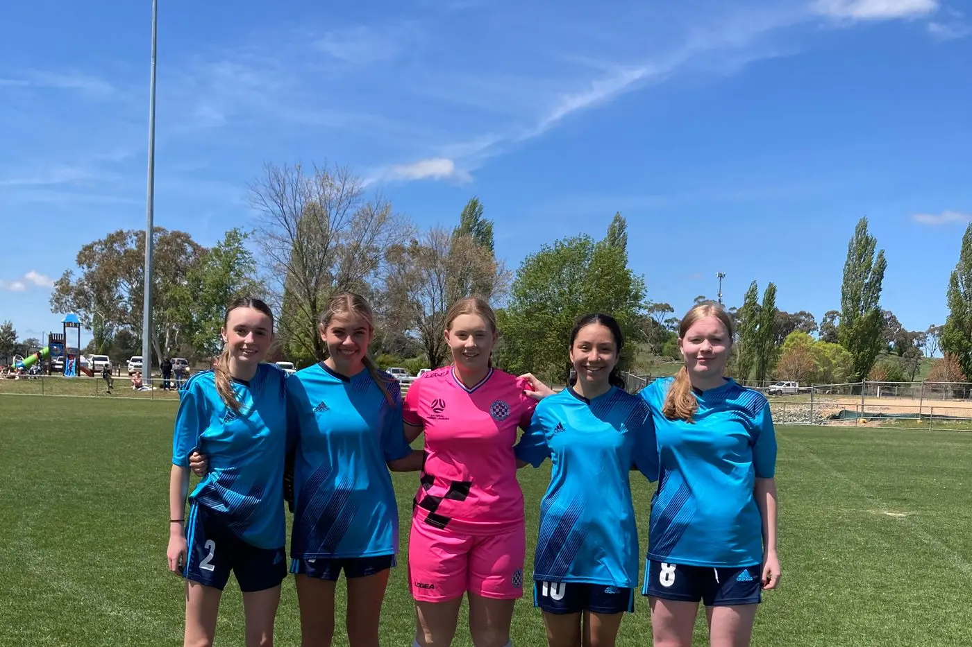 Bella Batt (Parkes), Lily Browne (Forbes), Ruby Schofield (Young), Josie Mckenzie (Forbes) and Katie Schulze (Forbes) after a warm up game for the Philippines tour. PHOTO: Supplied