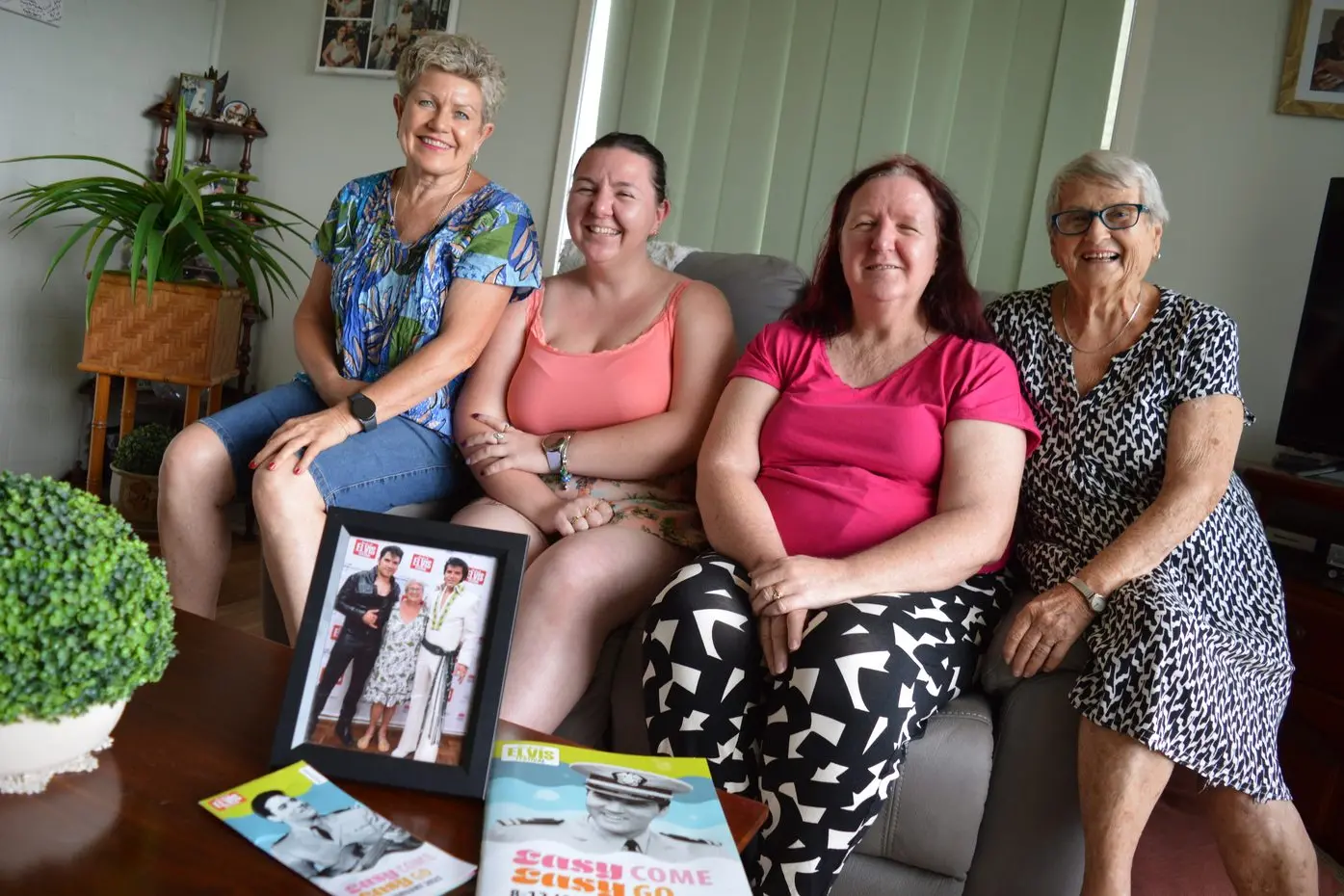 Parkes women Michelle Roberts (left) and hostess Mavis Moon (right) welcomed their guests Maddy Oostergo and her mum Alice from Cairns to this year\\'s Elvis Festival. PHOTOS: Christine Little