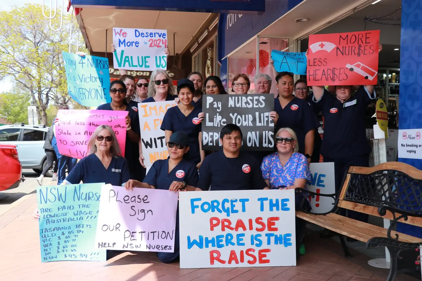 Members of the Parkes branch of the NSW Nurses and Midwives Association appealed for community support down town on Tuesday.