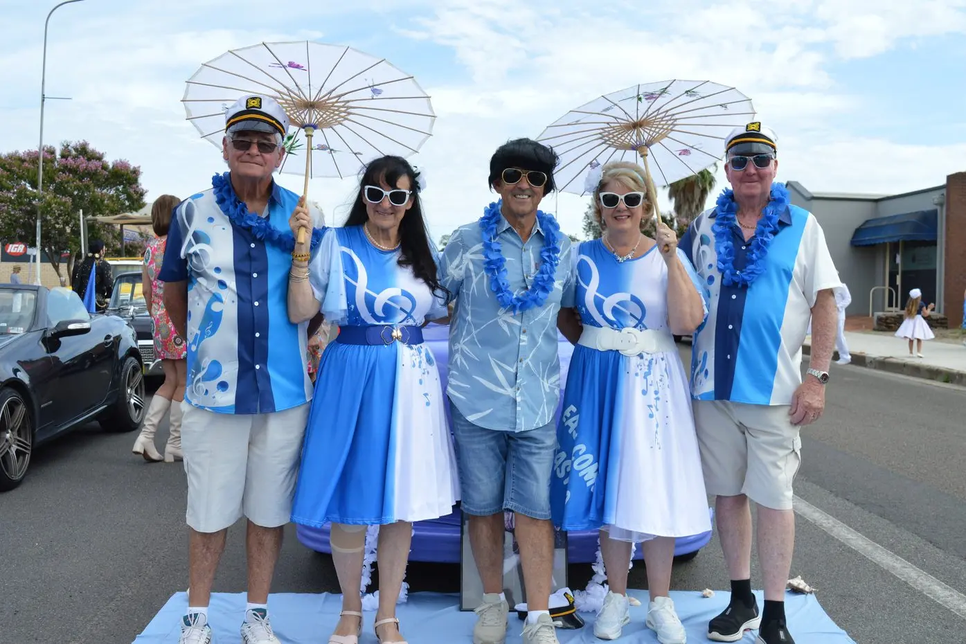 Ian and Lida Hickey from Muswellbrook in their 11th parade, John Armstrong from Maitland and Chris and Andrew Corliss from Muswellbrook. PHOTO: Christine Little