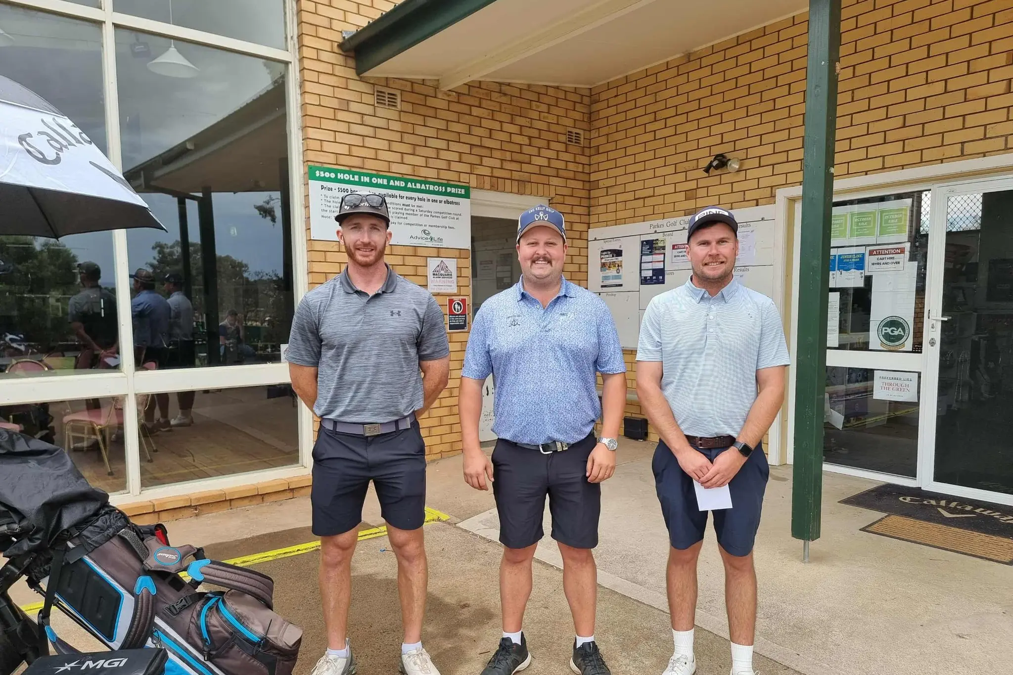 <p>Anthony Rath (right) won the BDC shootout in a chip-off on 18 ahead of Aaron Wilkie (left) in what was an exciting finish to the day. The duo is pictured with Parkes Golf pro Zac Kelly.</p>\\n
