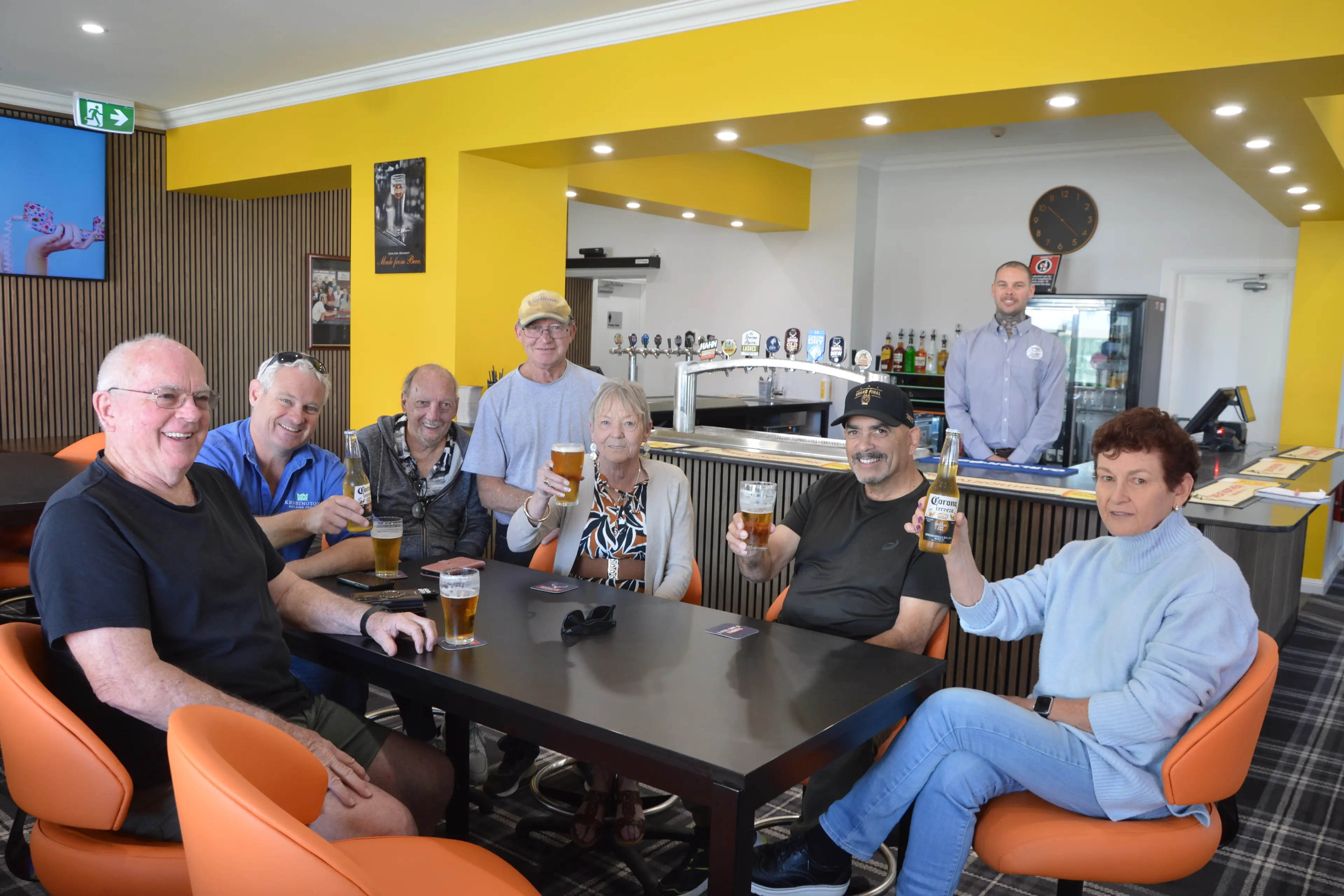 <p>George Heath, Adam Goodsir who\\'s the builder behind the renovations, Colin Barnard, Alan Davis, Karen Page, Wally Biles and Rhonda Timmins who\\'s the finance manager, with manager Jed Ramsay (back), were the first to celebrate the Commercial Hotel\\'s reopening. PHOTO: Christine Little</p>\\n