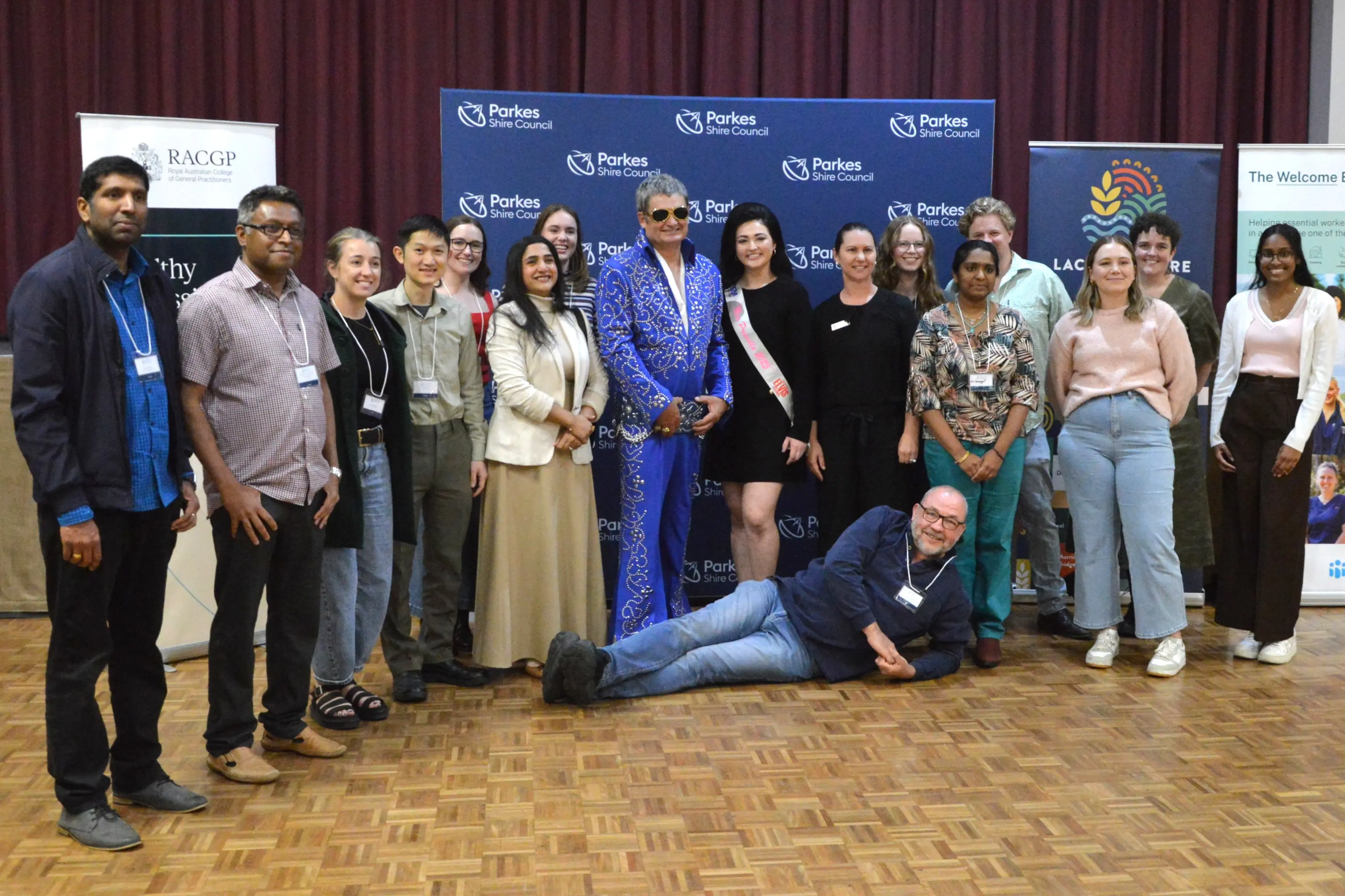<p>Parkes and Forbes registrars, medical students and health professionals who attended the networking dinner at the Parkes Services Club. They are pictured with Elvis (Parkes Mayor Neil Westcott) and Priscilla (Gracey Jones). PHOTO: Madeline Blackstock</p>\\n