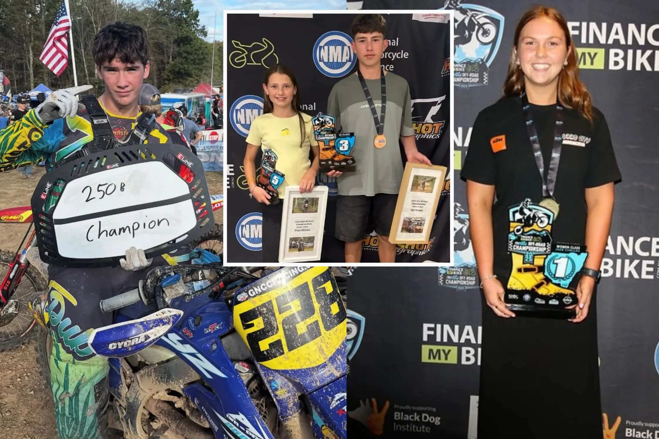 <p>Left: Dylan mcDonald, middle: Priya and Kye Kinsela and right: Jade Chellas have all had standout years on their motorbikes. </p>\\n