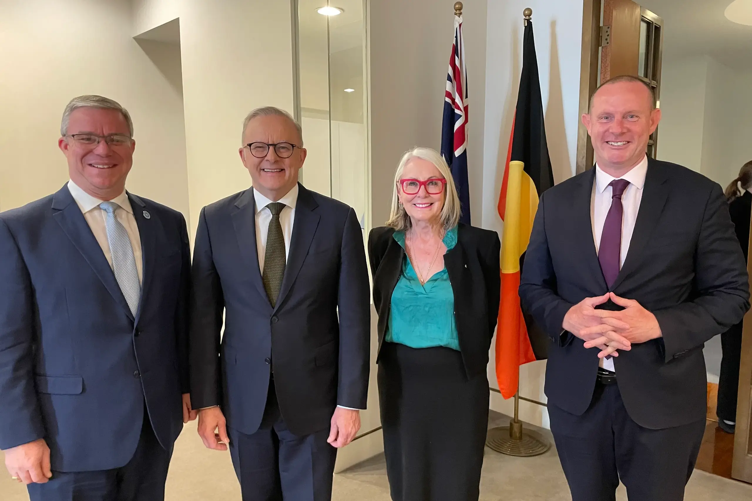 <p>Country Mayors Association of NSW chairman Rick Firman OAM, Prime Minister Anthony Albanese, outgoing LGNSW president Phyllis Miller OAM and newly elected LGNSW president Darcy Byrne.</p>\\n