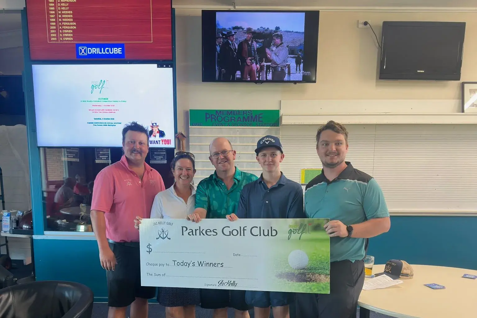 <p>Winners from Saturday\\'s 2, 3 or 4 person Ambrose - sponsor Zac Kelly with Mel Matthews, Craig Matthews, Fletcher Matthews, and Nick Strudwick.</p>\\n