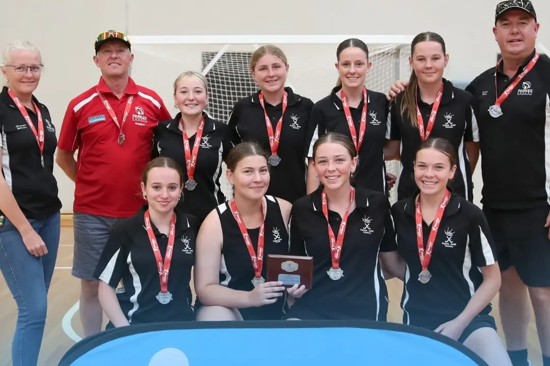 <p>Parkes Under 16 girls place second at the Indoor State Championships. Pictured is: Back - Manager Belinda Mills, coach Steve Collins, Sienna Collins, Layne Mills, Annabelle Baker, Gracey Allen, assistant coach Richard Rice. Front - Marley Spedding, Keeley MacFarkane, Addison Summerhayes and Daisy Rice. PHOTO: Hockey NSW</p>\\n