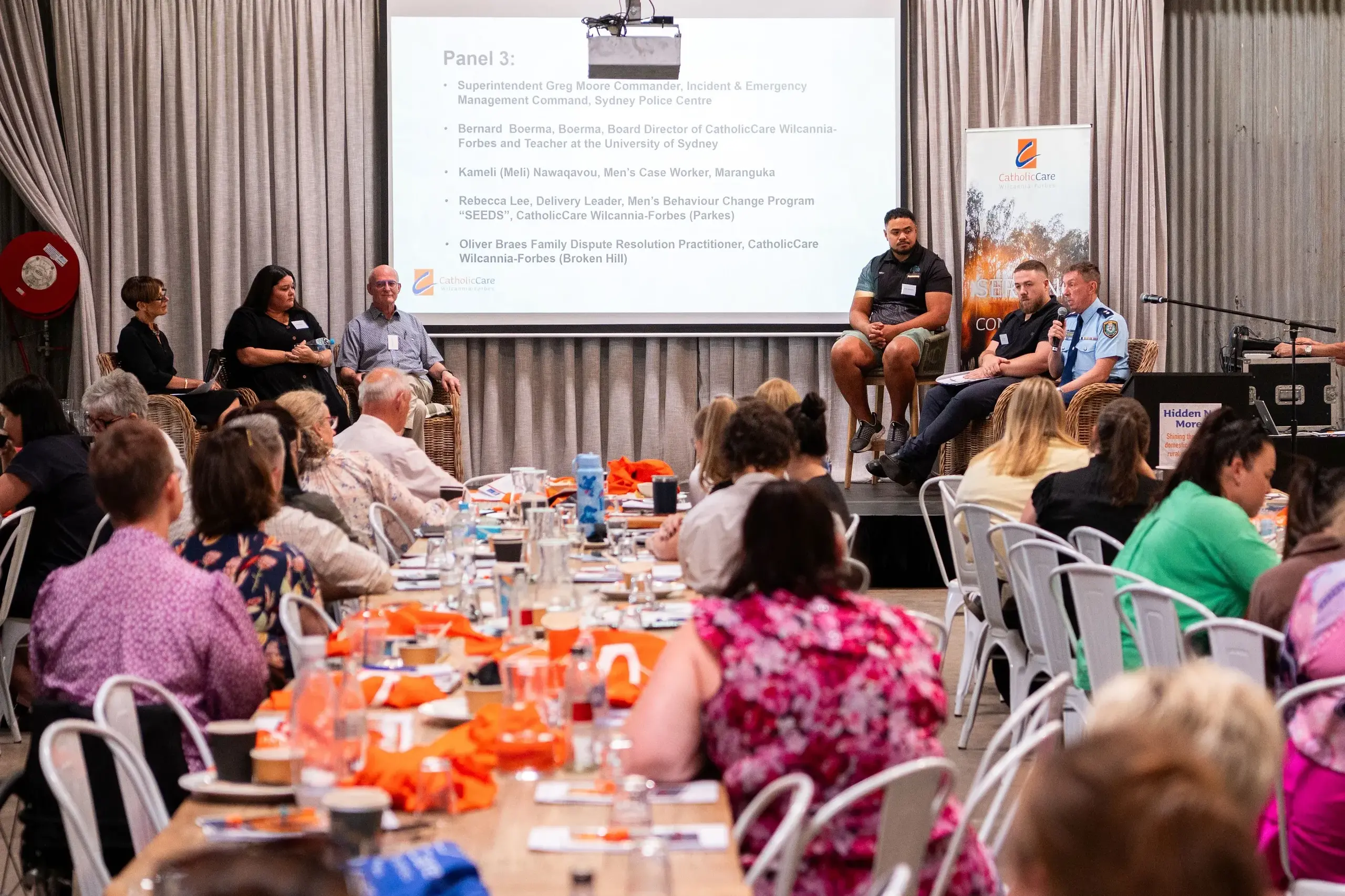 <p>Community leaders, frontline workers and advocates participate in the panel discussion topic \\u2018Men must be part of the solution\\u2019. PHOTO: CatholicCare Wilcannia-Forbes</p>\\n