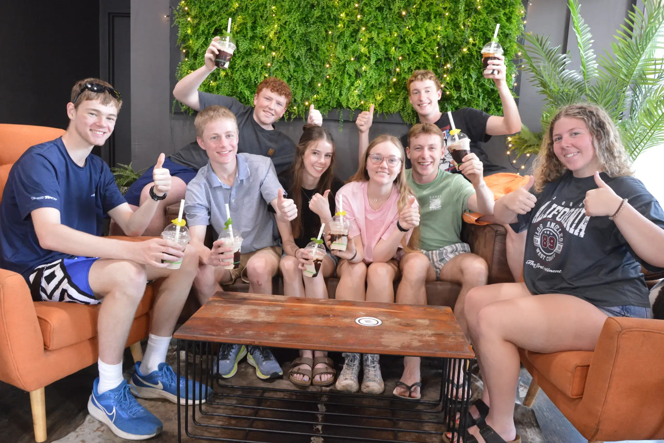 <p>Parkes High School Year 12 graduates Joshua Ball, Sam Rivett, Darcy Summerhayes, Elsie Orr, Nina Richardson-Bartley, Luka Parkin, Tom Ball and Matayah Guy sat back at Deja Brew cafe and celebrated their HSC results and the end of their schooling over chocolate milkshakes on Friday. PHOTO: Christine Little</p>\\n