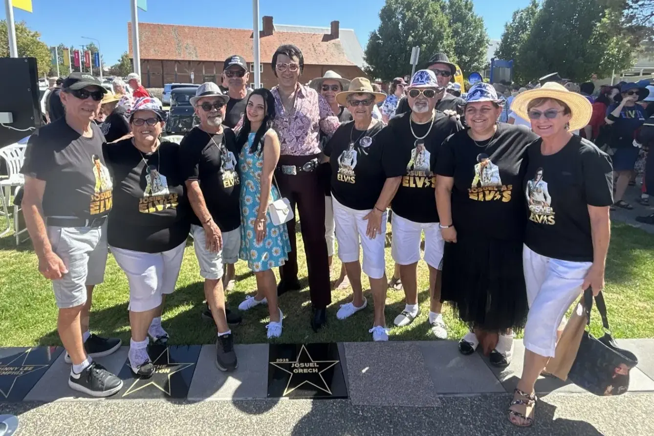 <p>2025 Parkes Ultimate Elvis Tribute Artist winner Josuel Grech with his fiance Luana Bugeja and his biggest fans who are currently following Josuel on tour. PHOTO: Madeline Blackstock </p>\\n