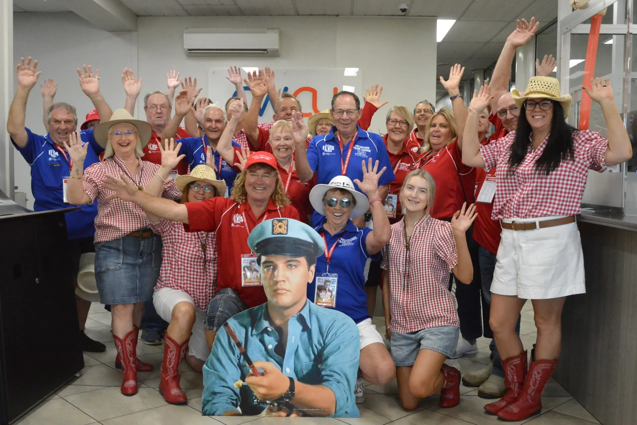 <p>Some of the many Parkes Elvis Festival volunteers with Parkes Central West Credit Union who have been sponsoring the festival\\'s volunteers for many years. PHOTO: Madeline Blackstock</p>\\n