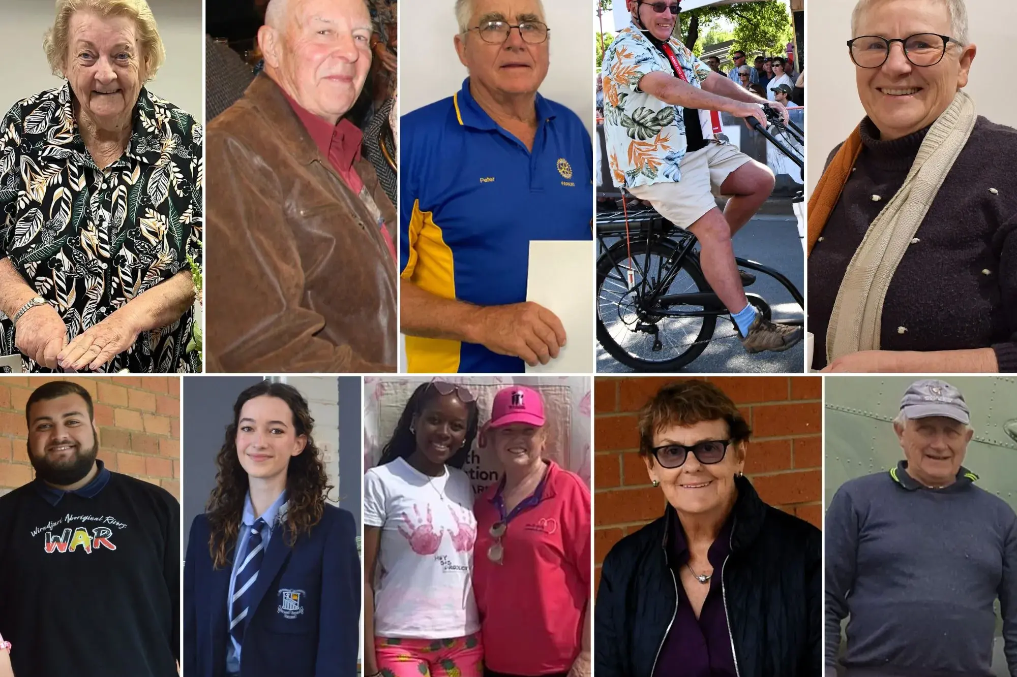 <p>Some of our nominees for an Australia Day award this year - top, left to right, Citizen of the Year nominees Marilyn Pizarro, Mark Ritchie, Peter Thompson and Peter Guppy; Environmental Citizen of the Year Margot Jolly; Young Citizen of the Year nominees Charlie Oraha, Leah Van Der Merwe and Nenyasha (Asha) Munodawafa; with Lifetime Achievement Award nominees Dianne Green, Kay Craft and Michael De La Hunty.</p>\\n