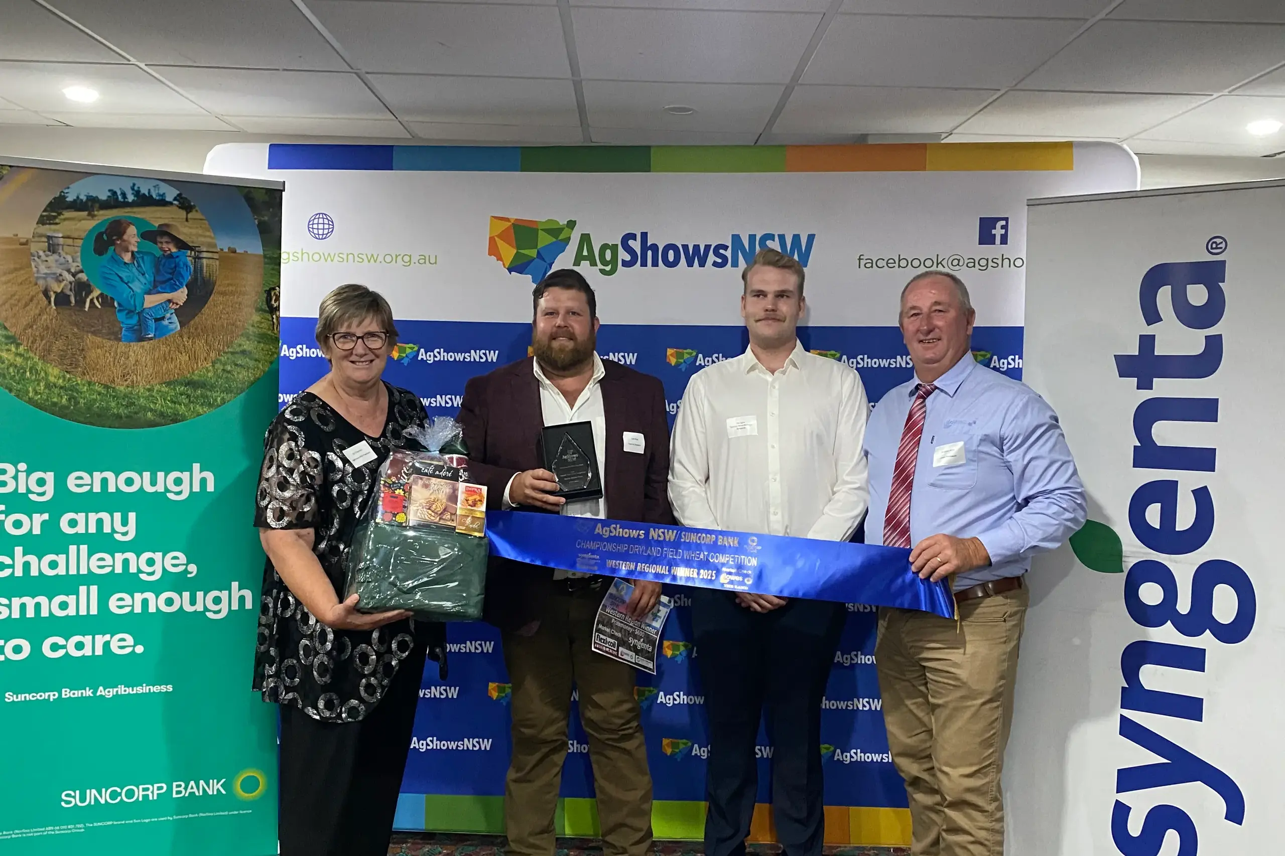 <p>Jill Chapman, Josh Male who won the Western region of the the 2025 Dryland Field Wheat Competition with his 181 at 5.60 t/ha for Lancer variety, Nic Eglin from Syngenta and Brendan Munn from Lowes Petroleum. PHOTO: Supplied</p>\\n
