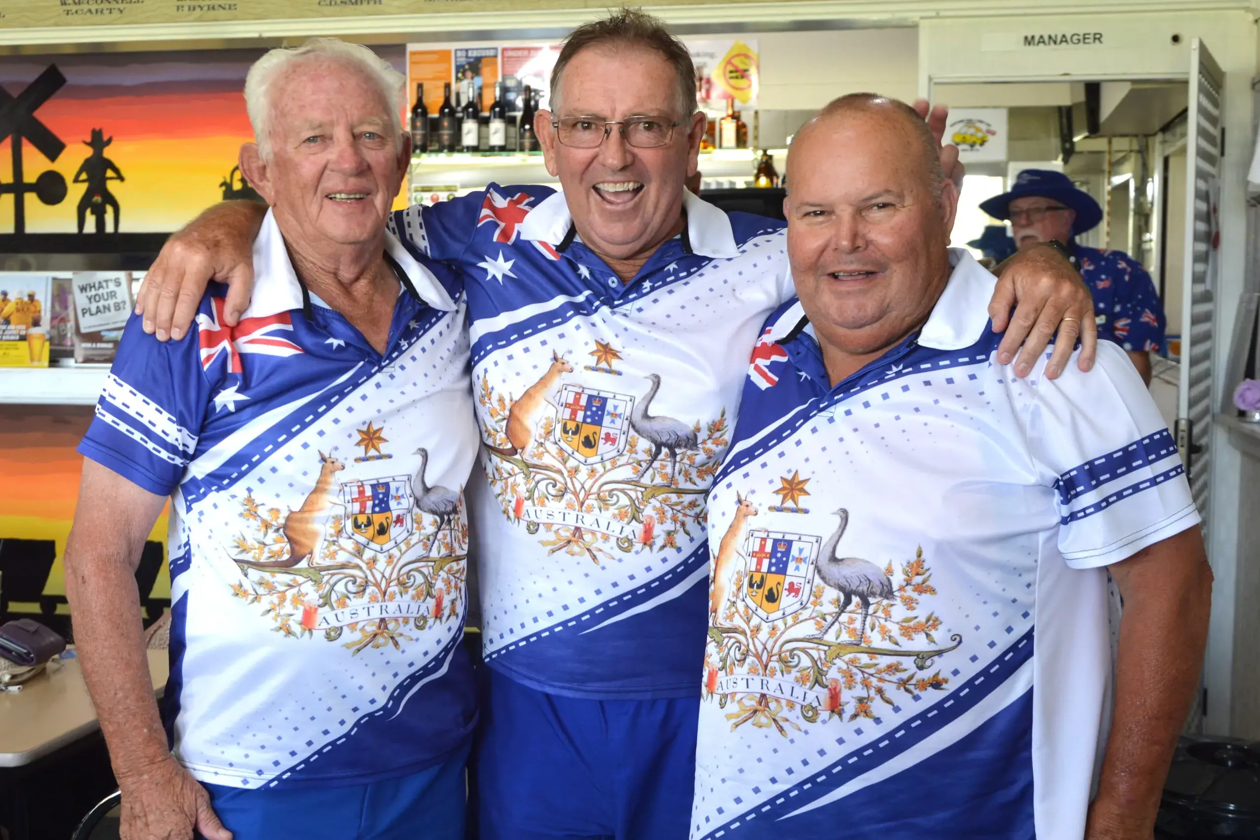 <p>Steve Torrens, Paul Townsend and Marty Fitzpatrick matched in their Australian t-shirts on Australia Day at the Railway Bowling Club. PHOTOS: Madeline Blackstock</p>\\n