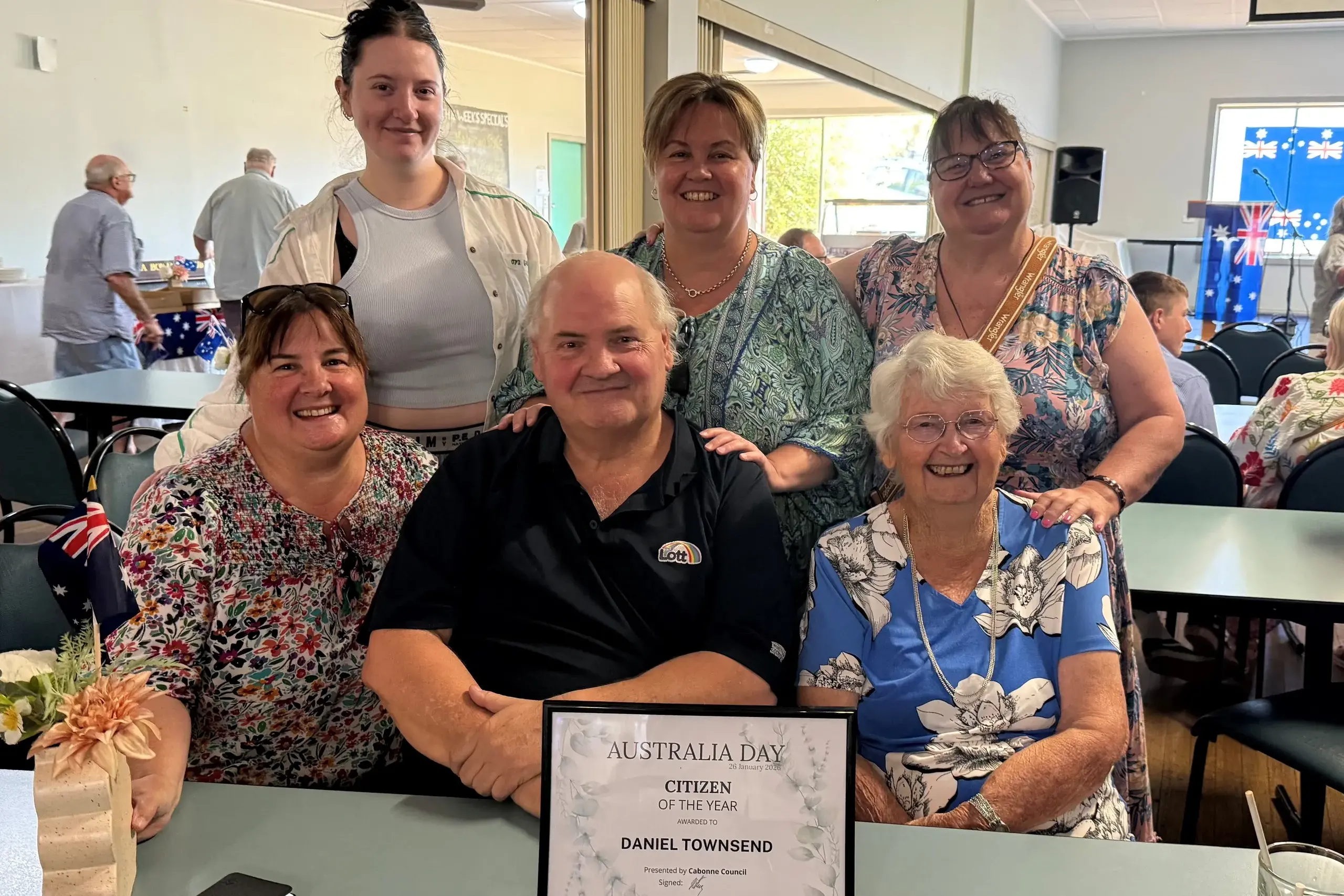 <p>Eugowra Citizen of the Year Danny Townsend surrounded by family on Australia Day (back) Abigail, Therese and Mary and (front) Denise and mum Elaine. </p>\\n