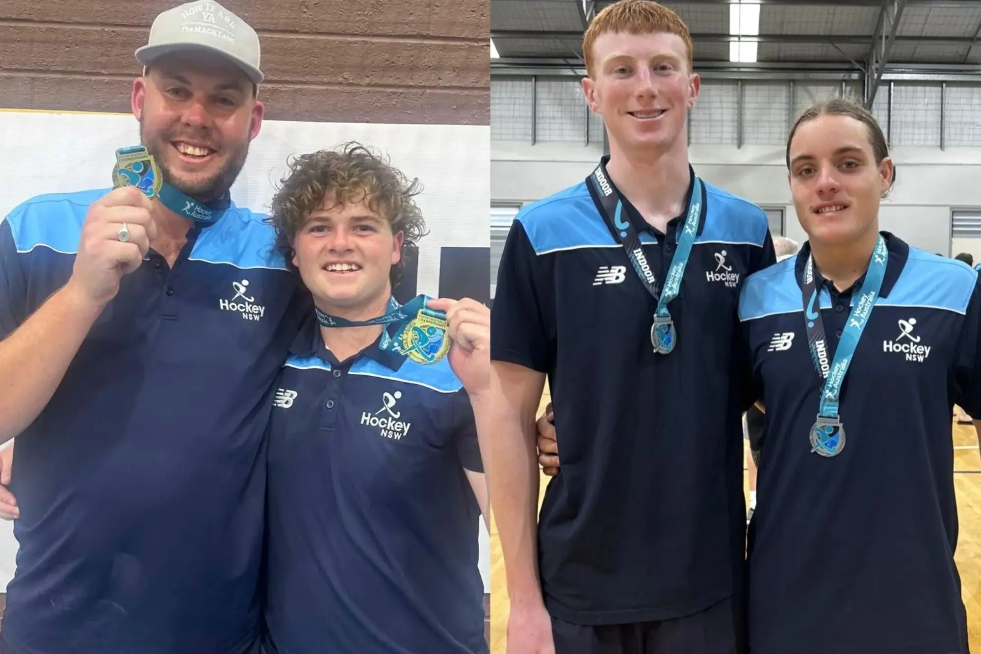 <p>Jordan Grosvenor and Sam Quince with their gold medals at the under 18s National Indoor Hockey Championships and  Sam Westcott and Leo Allan with their silver medals from the under 16s National Indoor Hockey Championships.</p>\\n