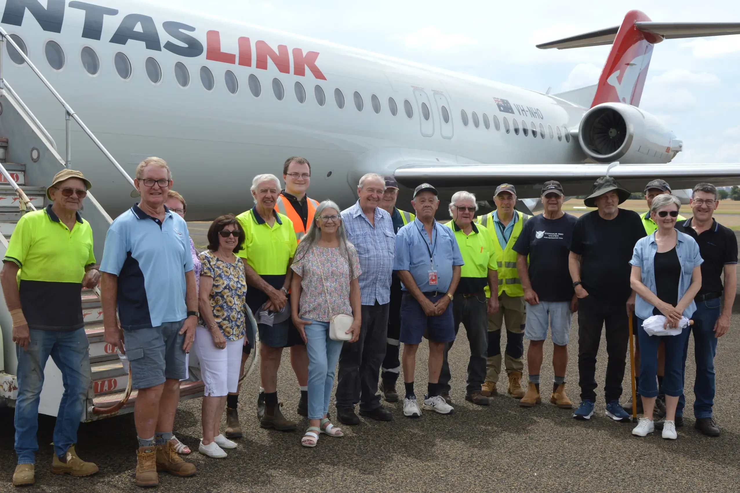 <p>HARS Parkes Aviation Museum volunteers in front of the new Fokker F100 that will now call the Parkes HARS Museum home. PHOTOS: Madeline Blackstock</p>\\n
