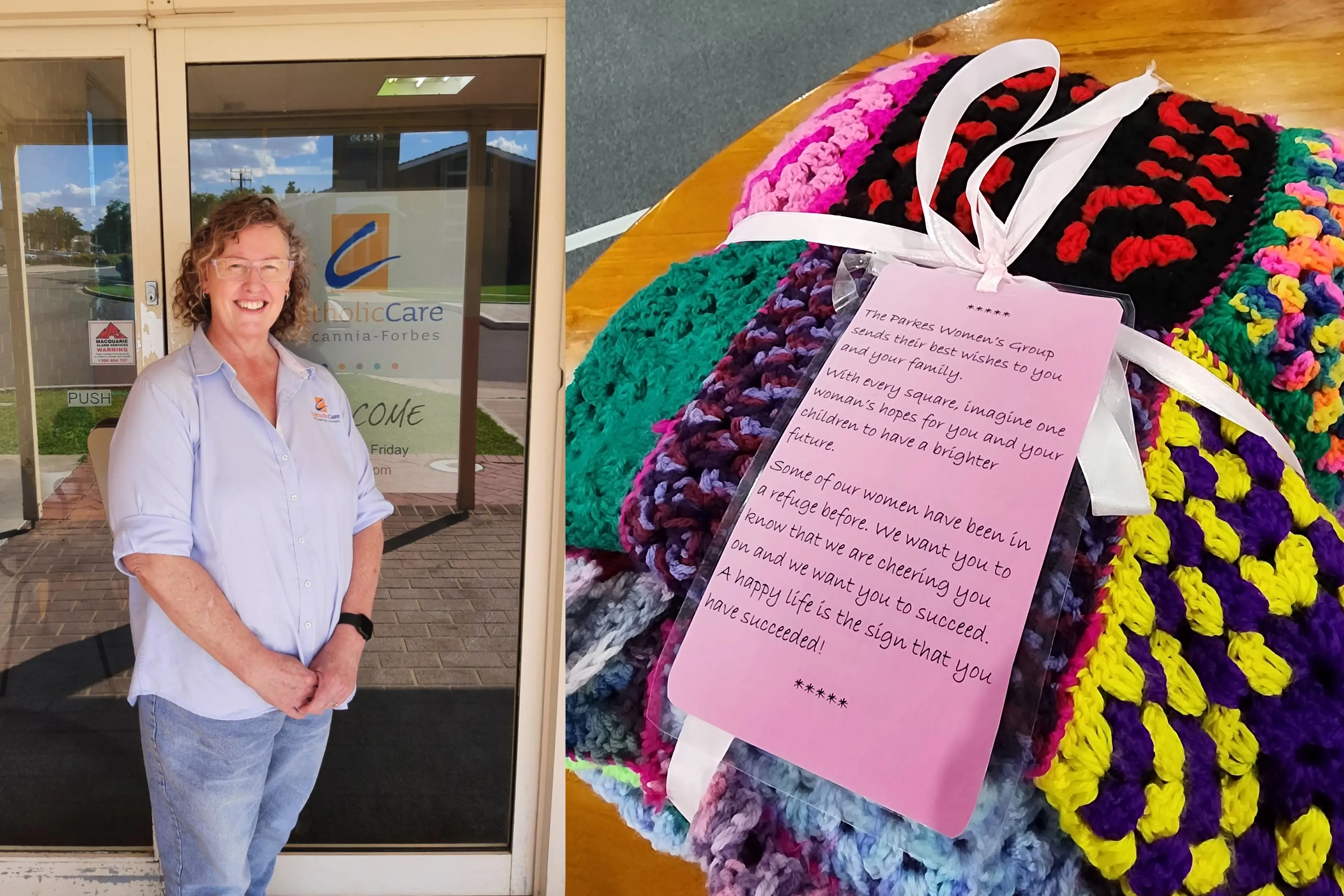 <p>LEFT: CatholicCare Wilcannia-Forbes team member Sarah welcomes women to come to the SistaCare groups at Parkes or Forbes. RIGHT: The blanket crocheted by the Parkes SistaCare participants and presented to CatholicCare Wilcannia-Forbes\\u2019s team from the Forbes refuge to be gifted to a woman seeking shelter there.</p>\\n