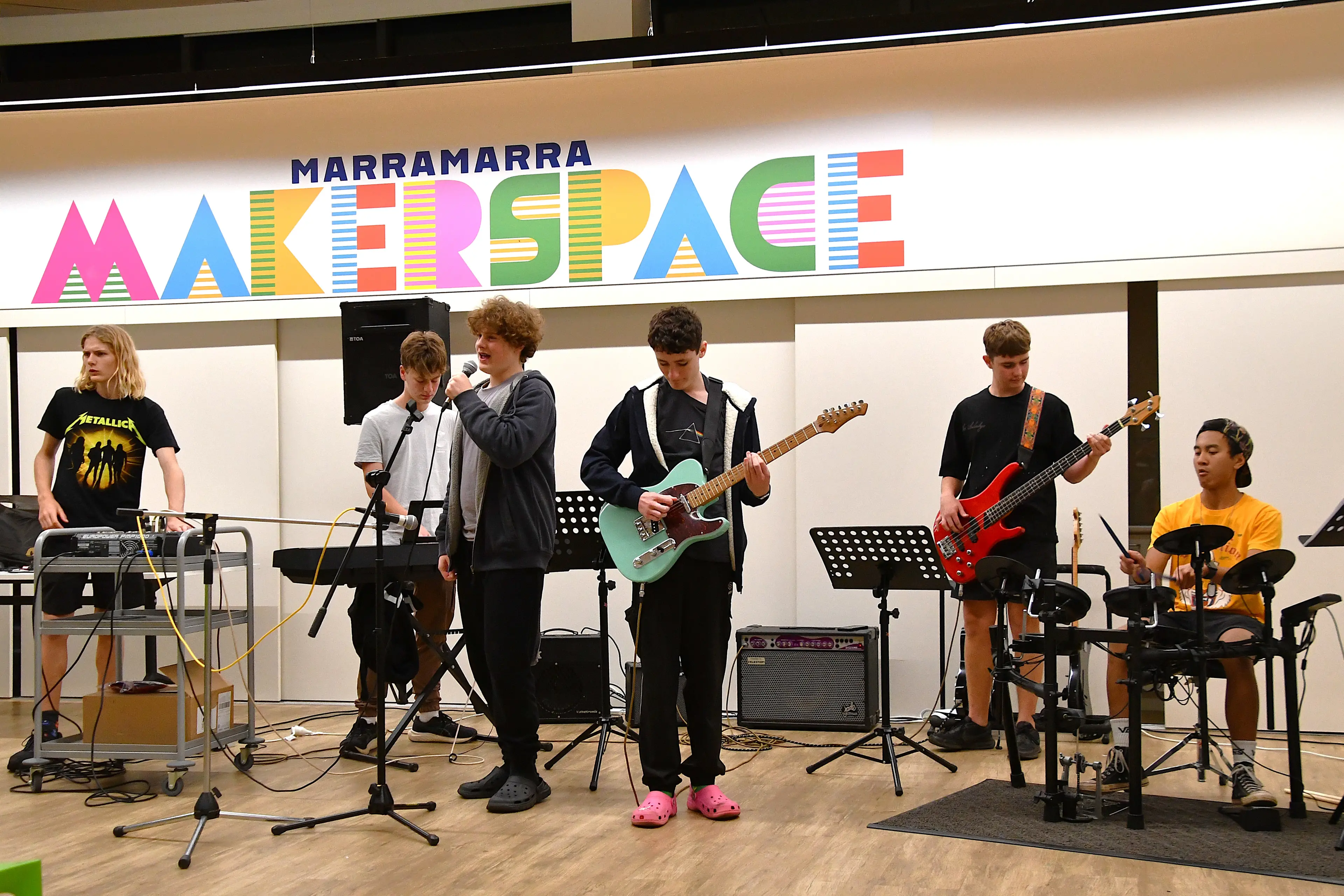 <p>Oscar Hendry on sound mixing, Harrison Rowbotham on keys, Cameron Noakes vocals, Asher Gould guitar, Harrison Smede bass guitar and Joey Setiawan on drums during the open jam session. PHOTOS: Jenny Kingham</p>\\n