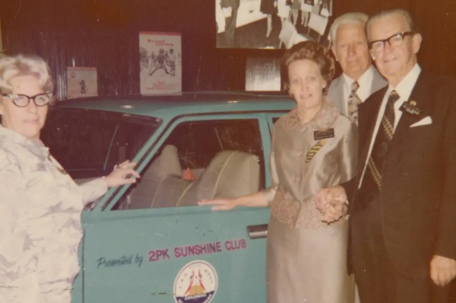 <p>The Parkes Sunshine Club was founded by 2PK Radio owner Frank Spicer in 1939 and later led for decades by his daughter Betty Muzyczuk, who is pictured here (centre) with Norman Drummond (right) and two others. PHOTO: Royal Far West</p>\\n