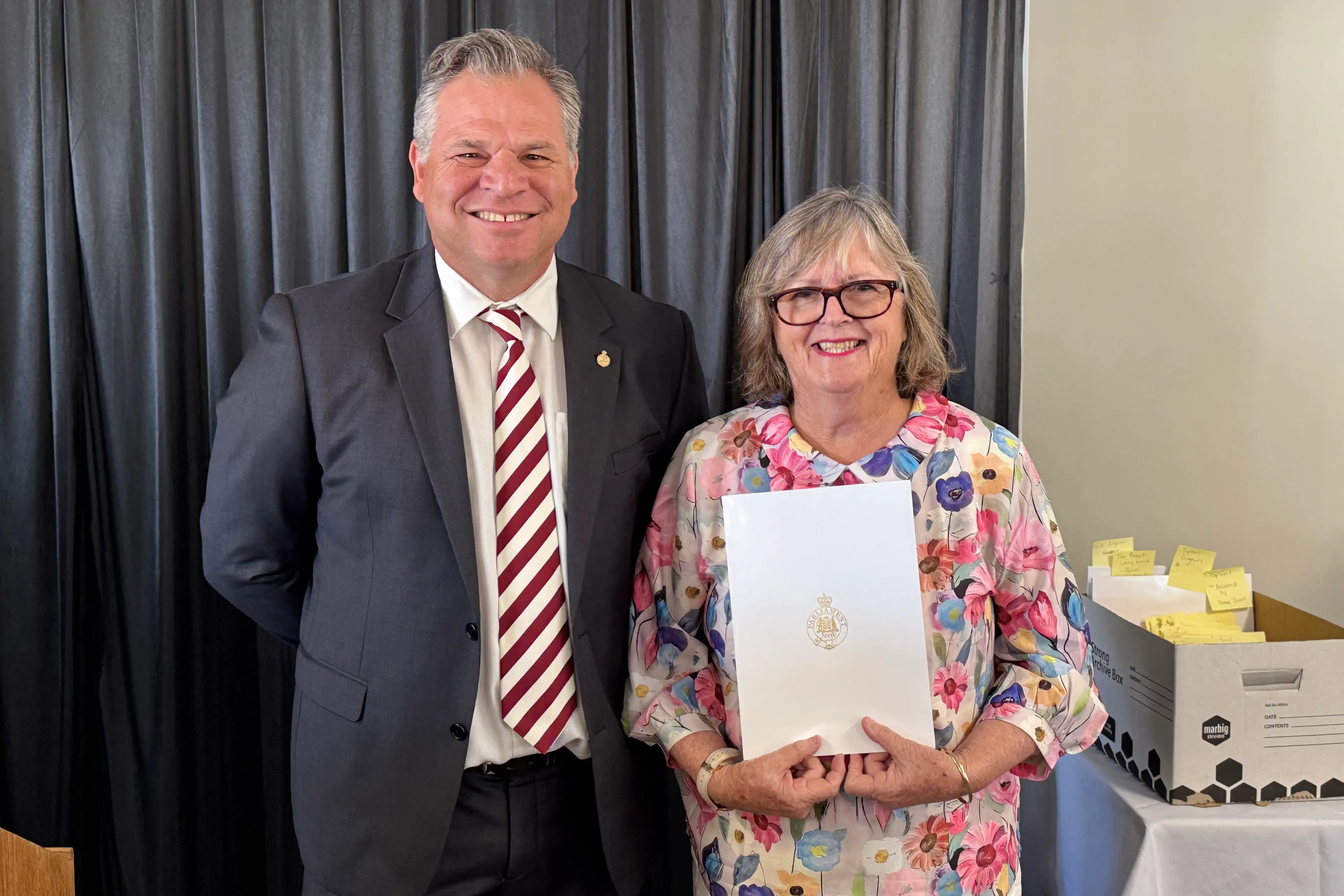 <p>Orange MP Phil Donato presented Sue Gersbach a Community Recognition Award during a special ceremony in January.</p>\\n