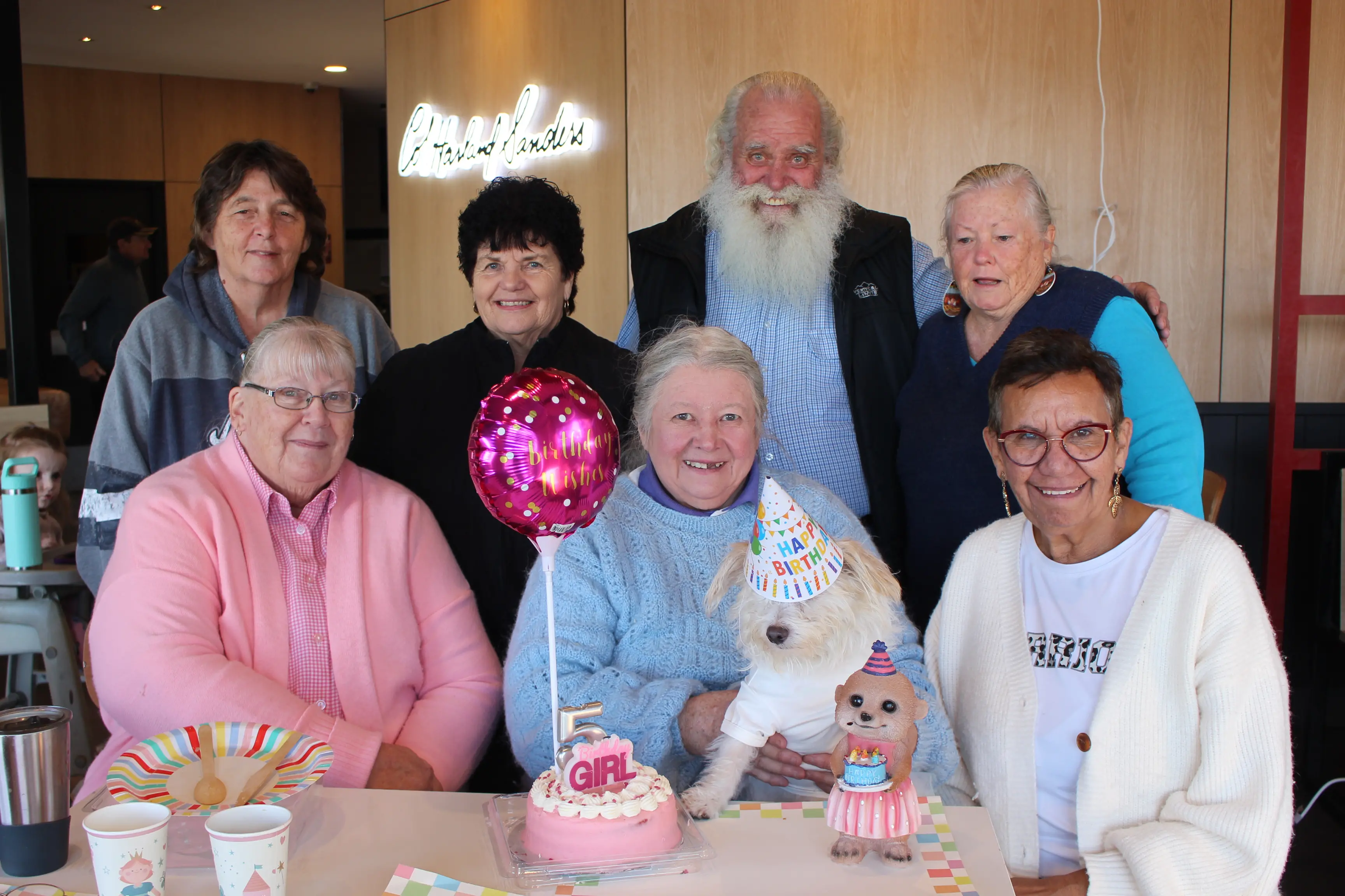 <p>Back, Kerrie Christopherson, Pattie Nash, Kevin Dumesney and Julie; front Sue Johnson, Maureen Gildart with the birthday girl Missy and Irene Ridgeway, at Missy\\'s fifth birthday party at KFC. PHOTO: Christine Little</p>\\n