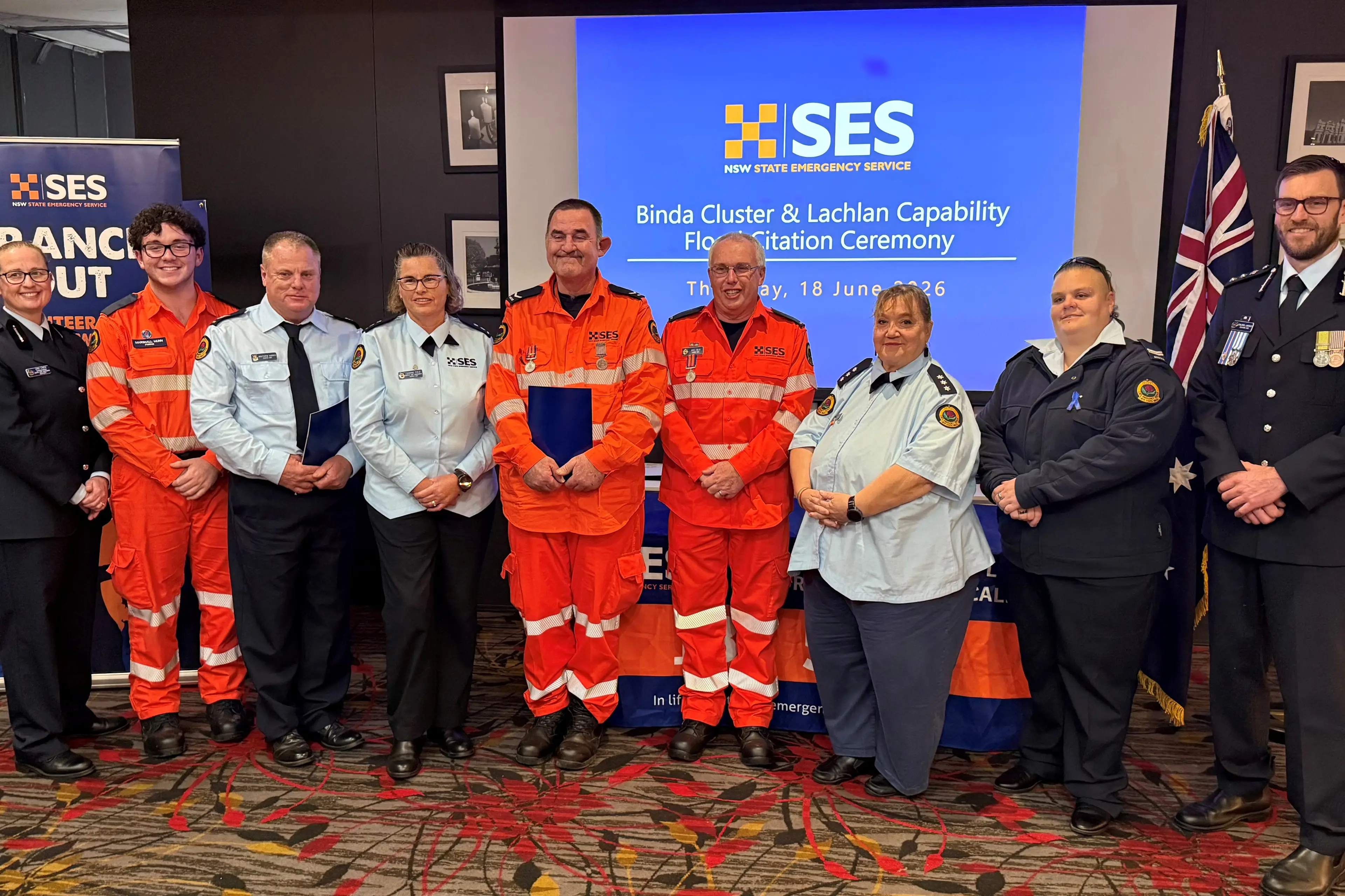 <p>Parkes volunteers Marshall Lunn, Matt Hando, Leanne Field, David Law, Jeff Field, Unit Commander Kim Palmer, Brooke Martin, Deputy Zone Commander for the Lachlan Command, Kira Lynch and Southern Zone Acting Zone Commander Acting Chief Superintendent Ben Lavender. PHOTOS: Renee Powell</p>\\n