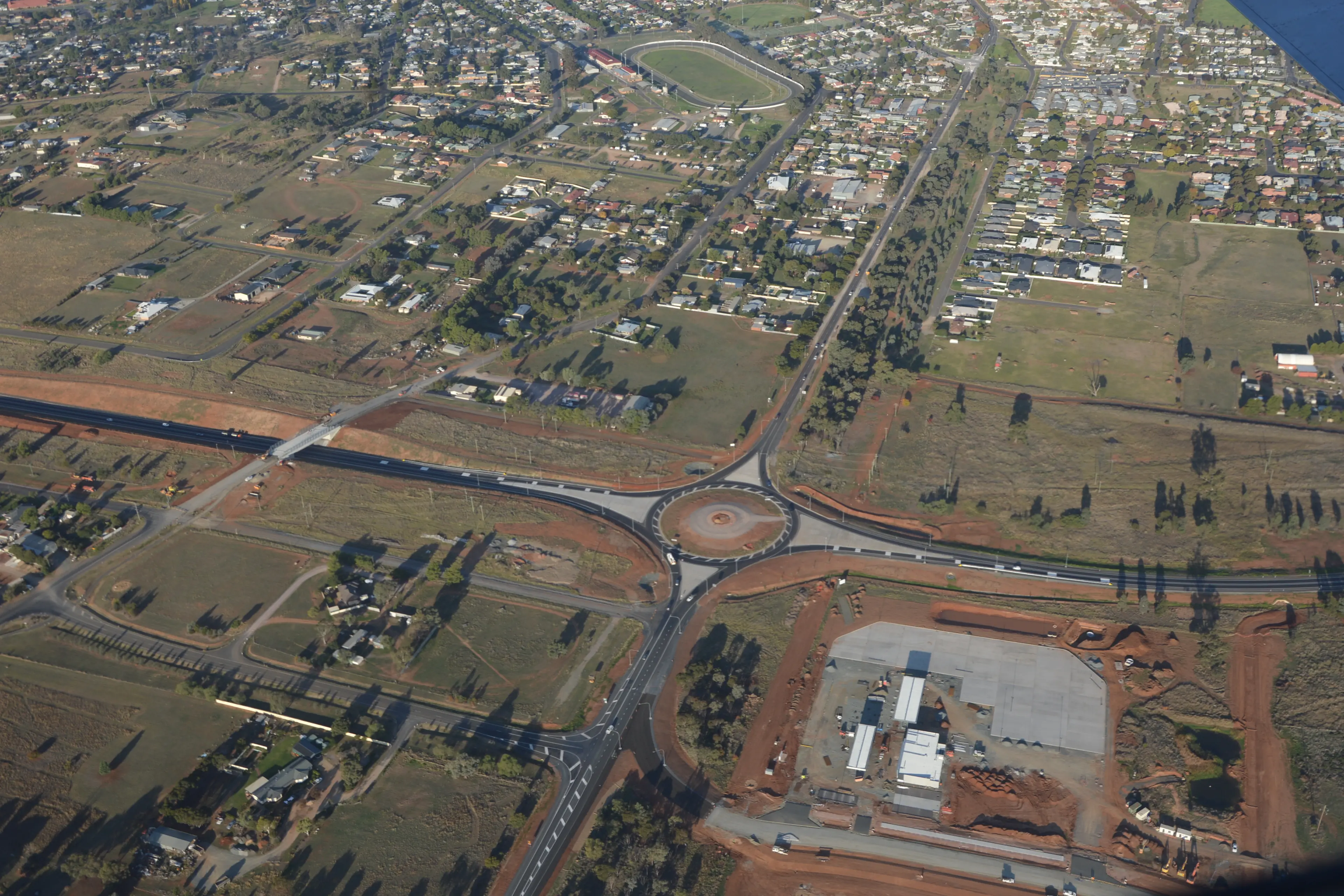 <p>An aerial shot of the newly opened Parkes Bypass in May last year, with the 24 hour service centre in the bottom right still under construction. PHOTO: Christine Little</p>\\n