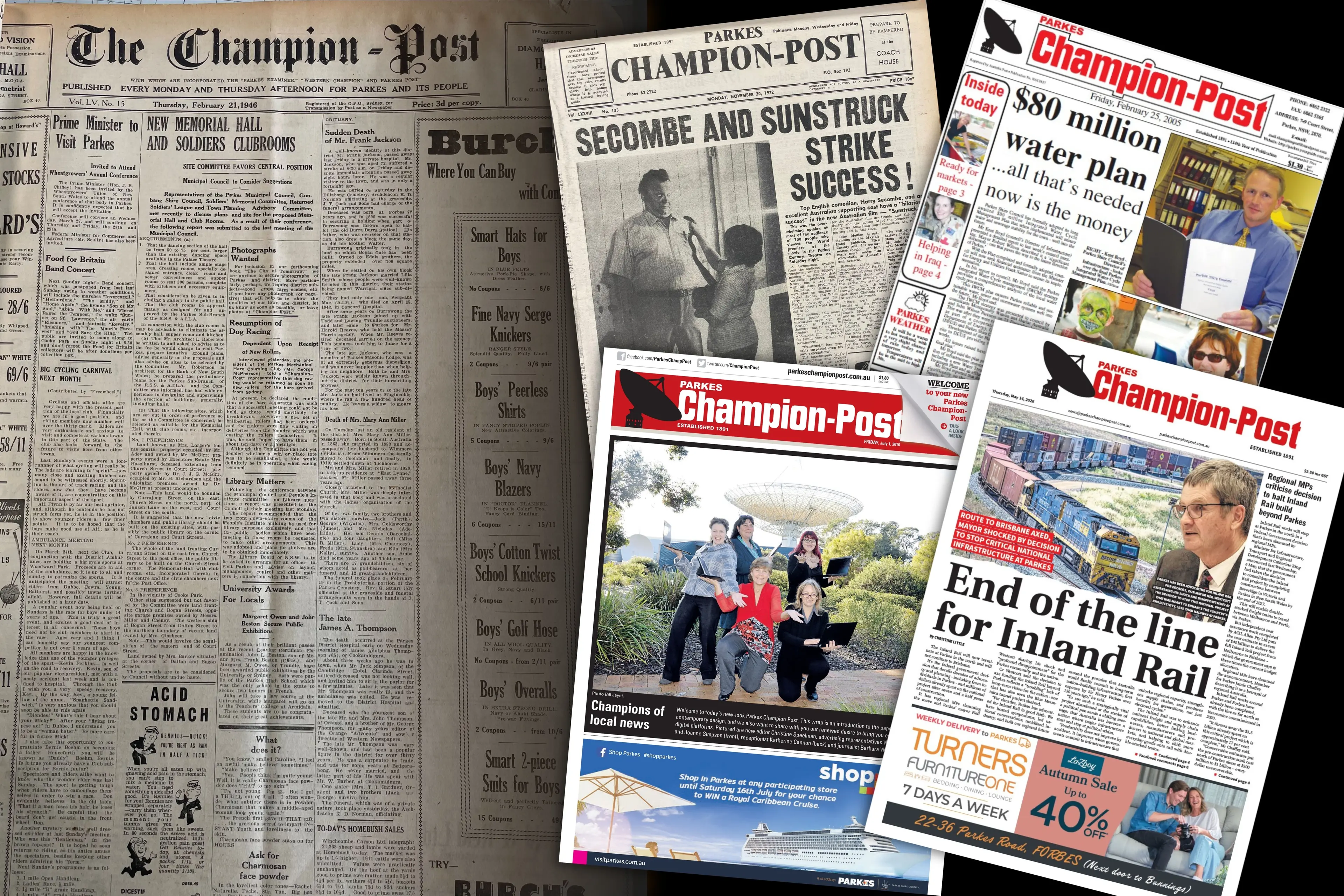 <p>The Parkes Champion Post celebrates a couple of anniversaries this year - here we have front pages in order from February 1946 (left), November 1972, February 2005 (top right), our first new-look edition on 1 July 2016 featuring then Champion Post staff and May 2026.</p>\\n