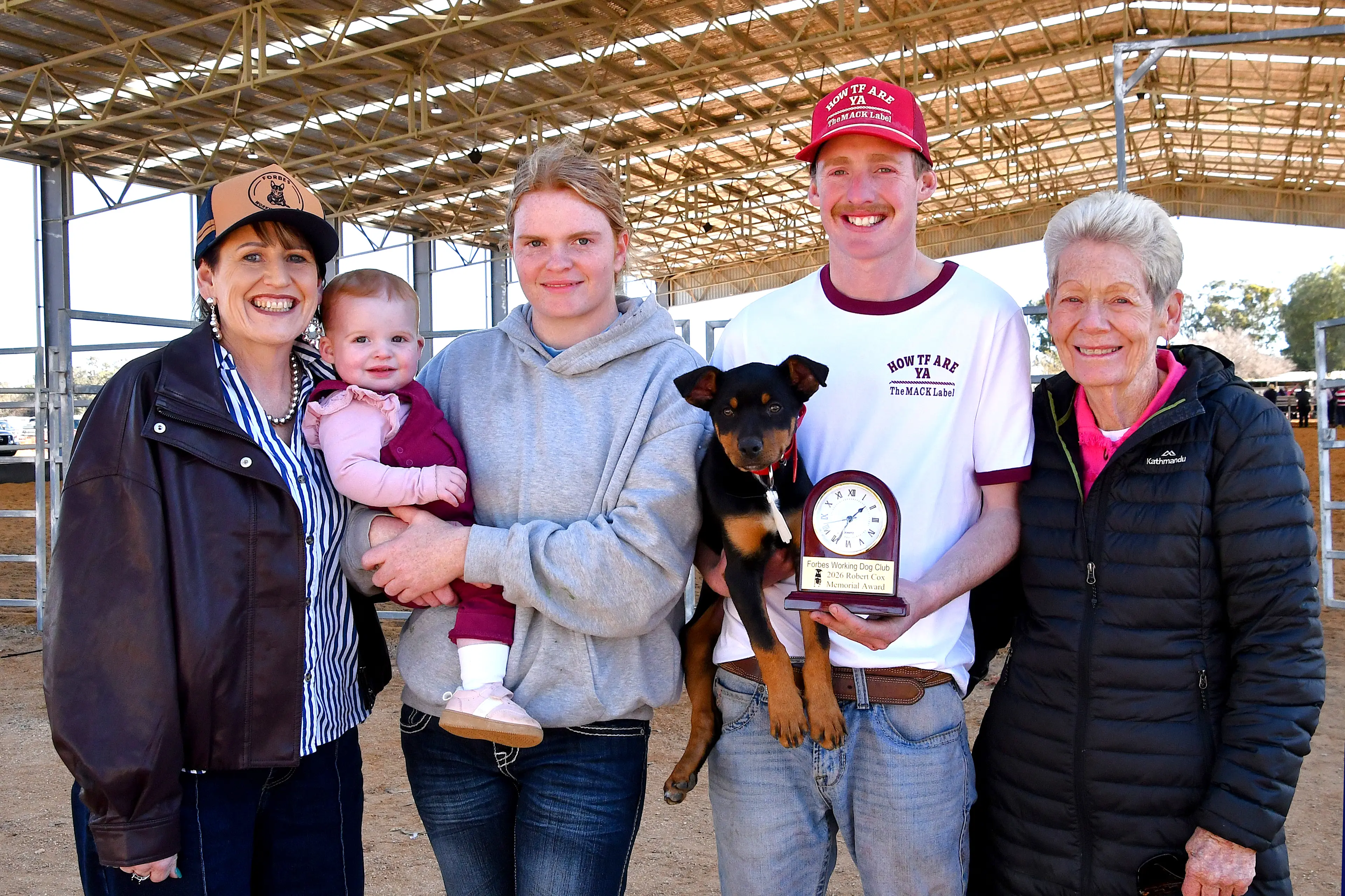 <p>A very proud family moment - Jackson Plummer holding Mojo Mack and the Robert Cox Memorial trophy with his mum Vanessa Woolner, daughter Hazel and partner Maddie Hamilton and grandmother Kerrie Plummer. PHOTOS: Jenny Kingham</p>\\n