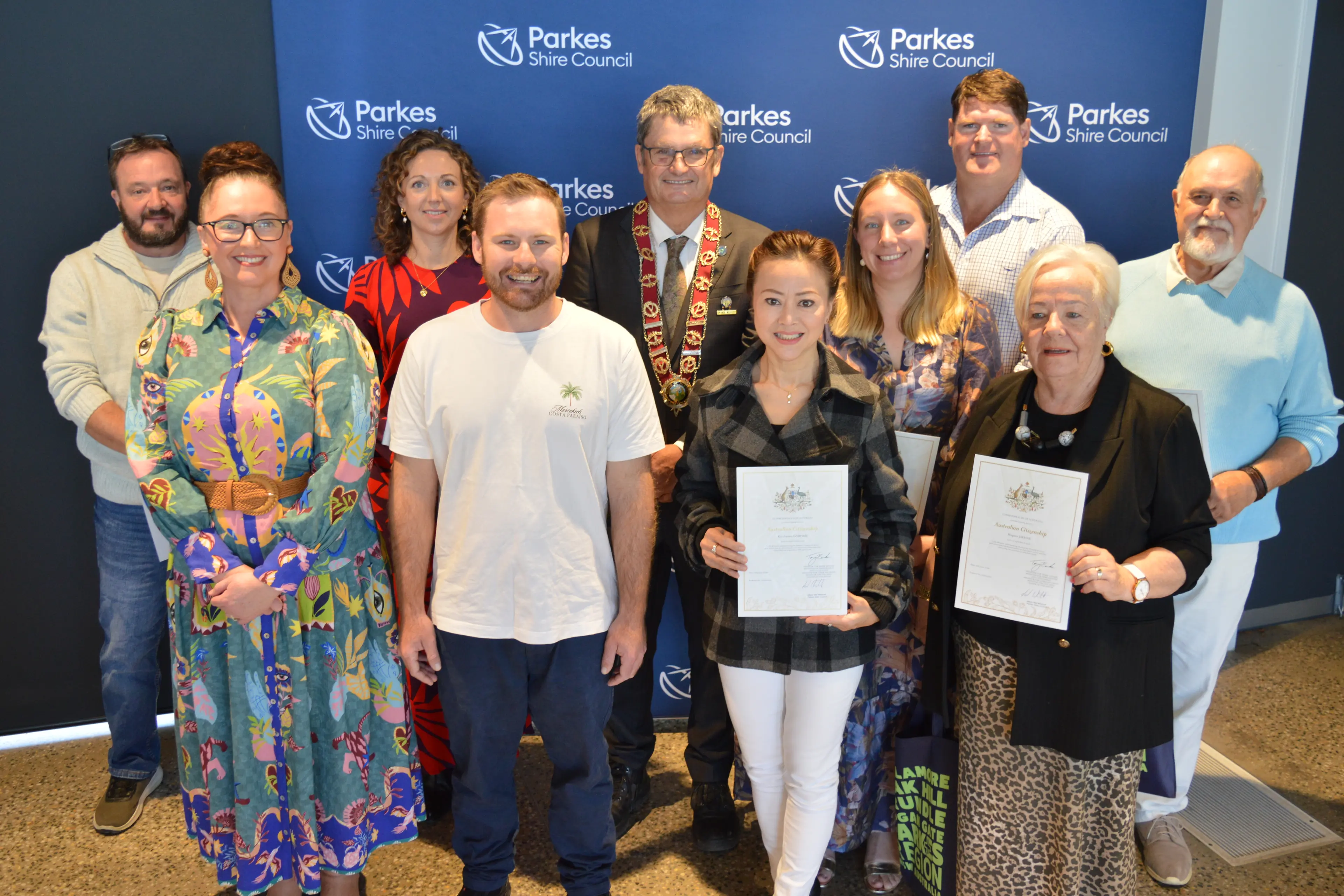 <p>Left to right, Andrew Thomas, deputy mayor Marg Applebee, Lucie McMahon, Dennis Roux Kuun, mayor Neil Westcott, Jye Gorham, Kate Cummins, Wade McConnell, and Brigitte and Winfried Jaehne. PHOTOS: Christine Little</p>\\n