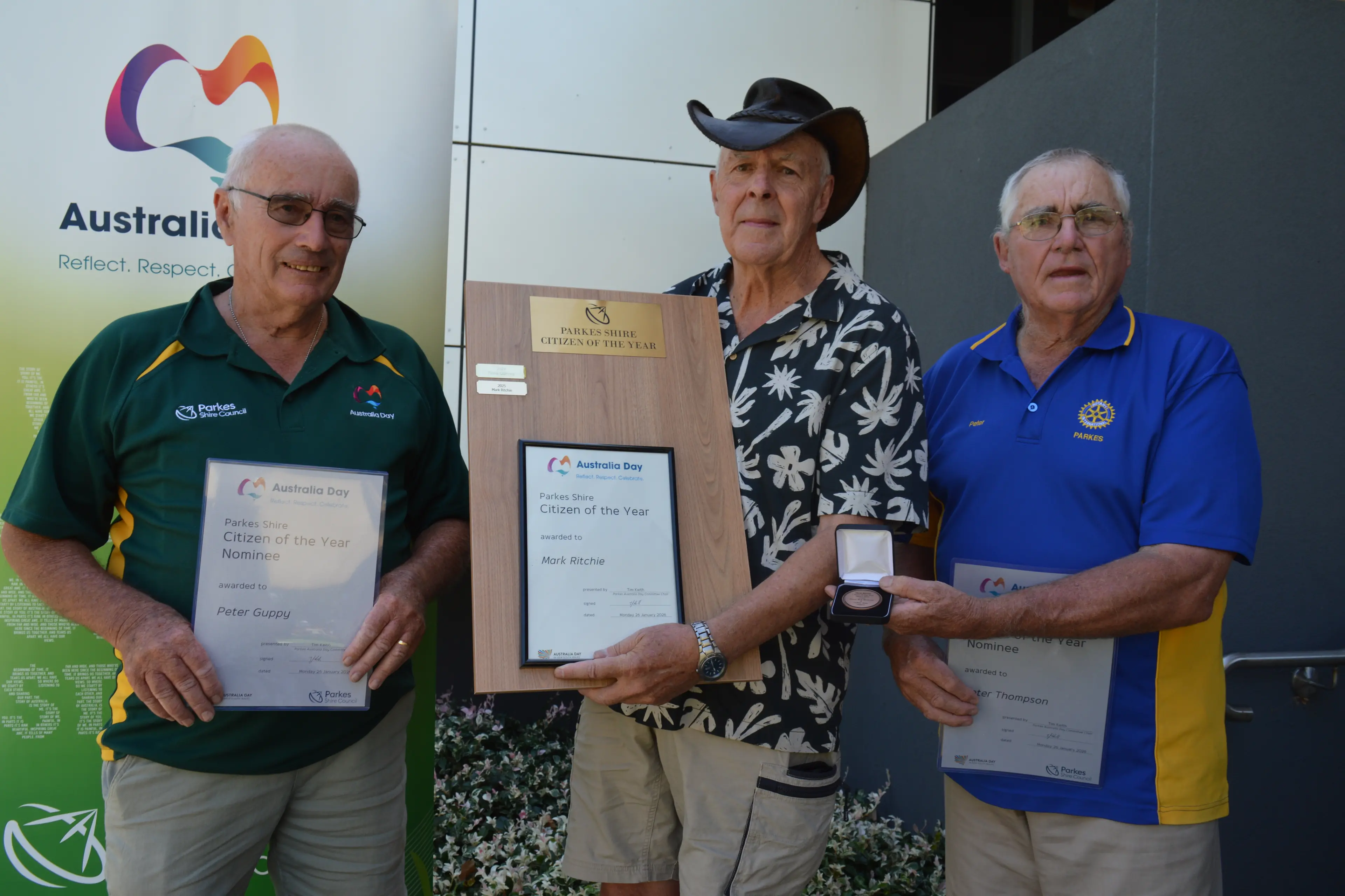 <p>Citizen of the Year award winner Mark Ritchie (centre) with nominees Peter Guppy (left) and Peter Thompson on Australia Day this year. PHOTO: Christine Little</p>\\n
