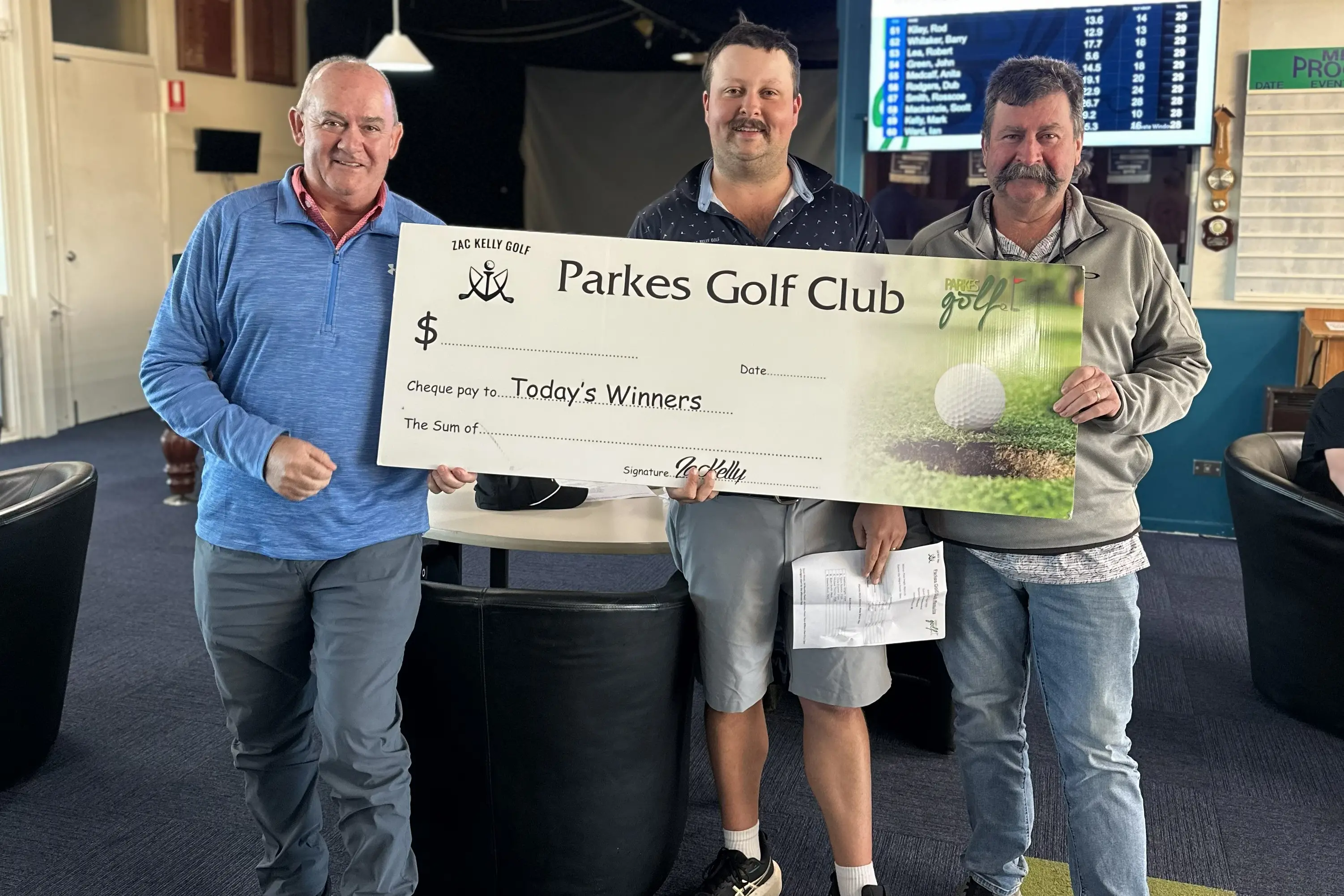 <p>Sponsor dealer principal from Parkes Toyota Sean Sloane and Parkes Golf Club pro Zac Kelly congratulated this week\\'s winner Peter Magill.</p>\\n